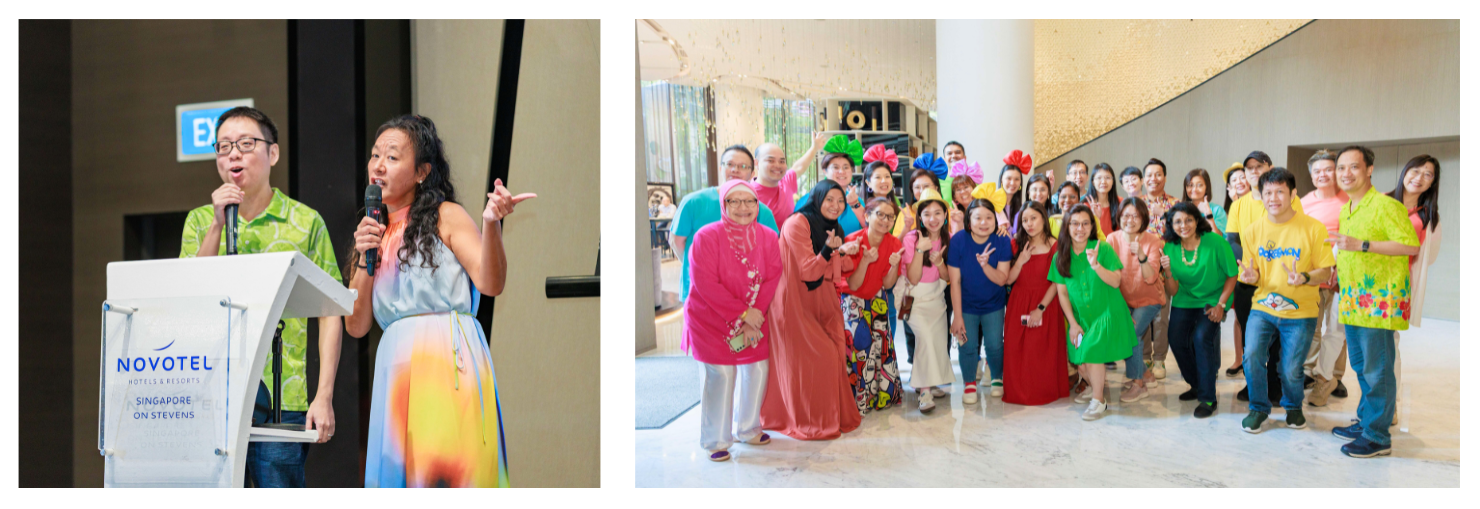 Left: SEAB’s very own entertaining emcees, Mr Wong Chiu Min and Ms Rita Yap, engaging the audience throughout the event. Right: Some members of the Exam Operations Division in vibrant hues at the event.