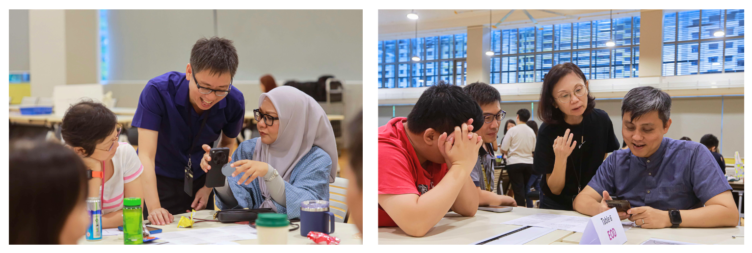 Groups of people are seated at tables, engaging with smartphones and discussing papers.