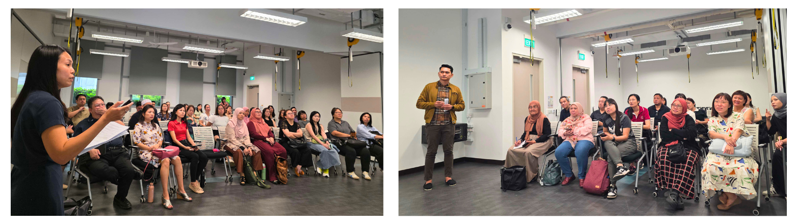 Two images show a classroom setting with a woman speaking to an audience and a man standing in front of seated people.