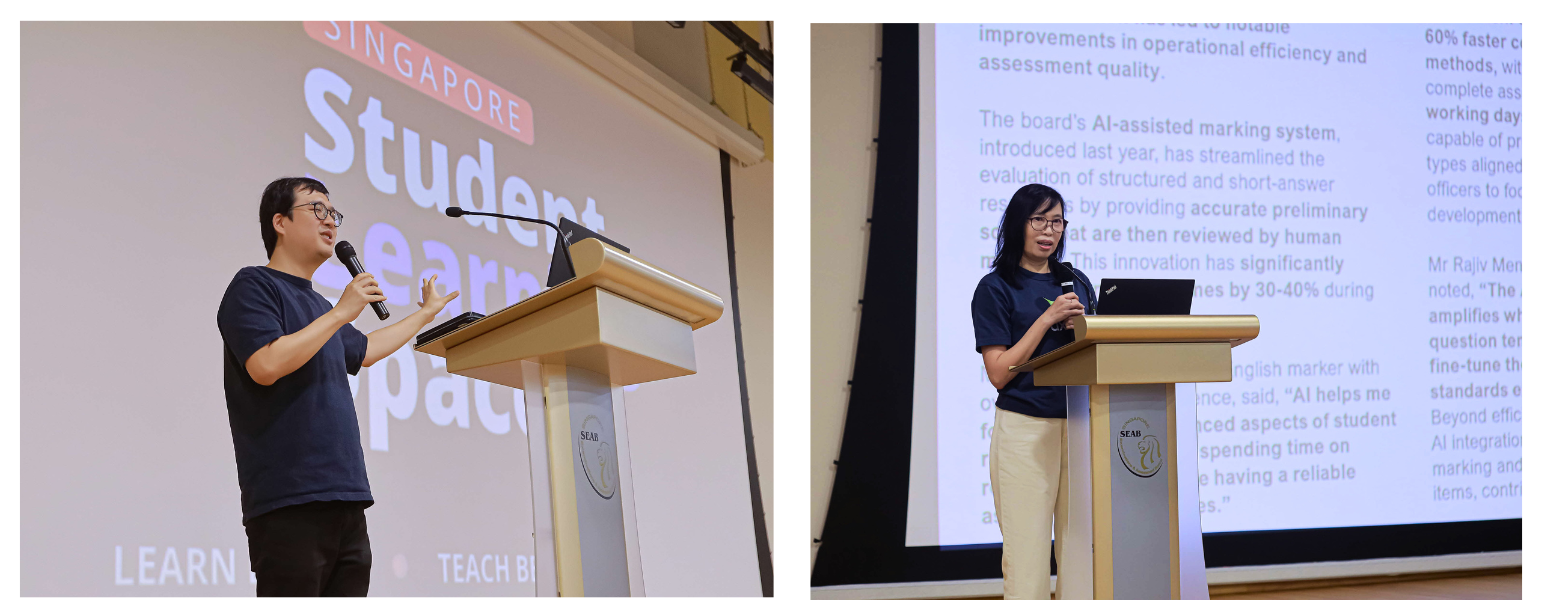 Speakers Mr John Soh and Ms Irene Lam from GovTech sharing about the use of AI