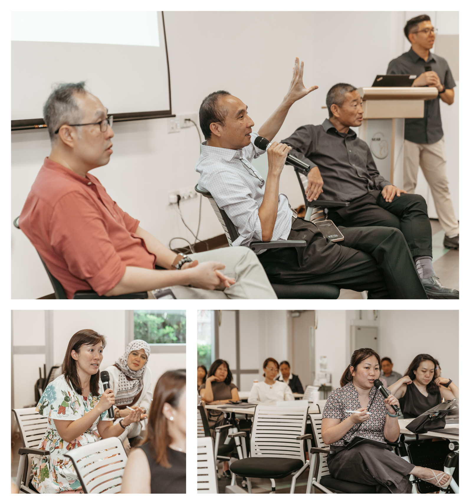 Several people are seated in a room, some speaking into microphones and others listening attentively.