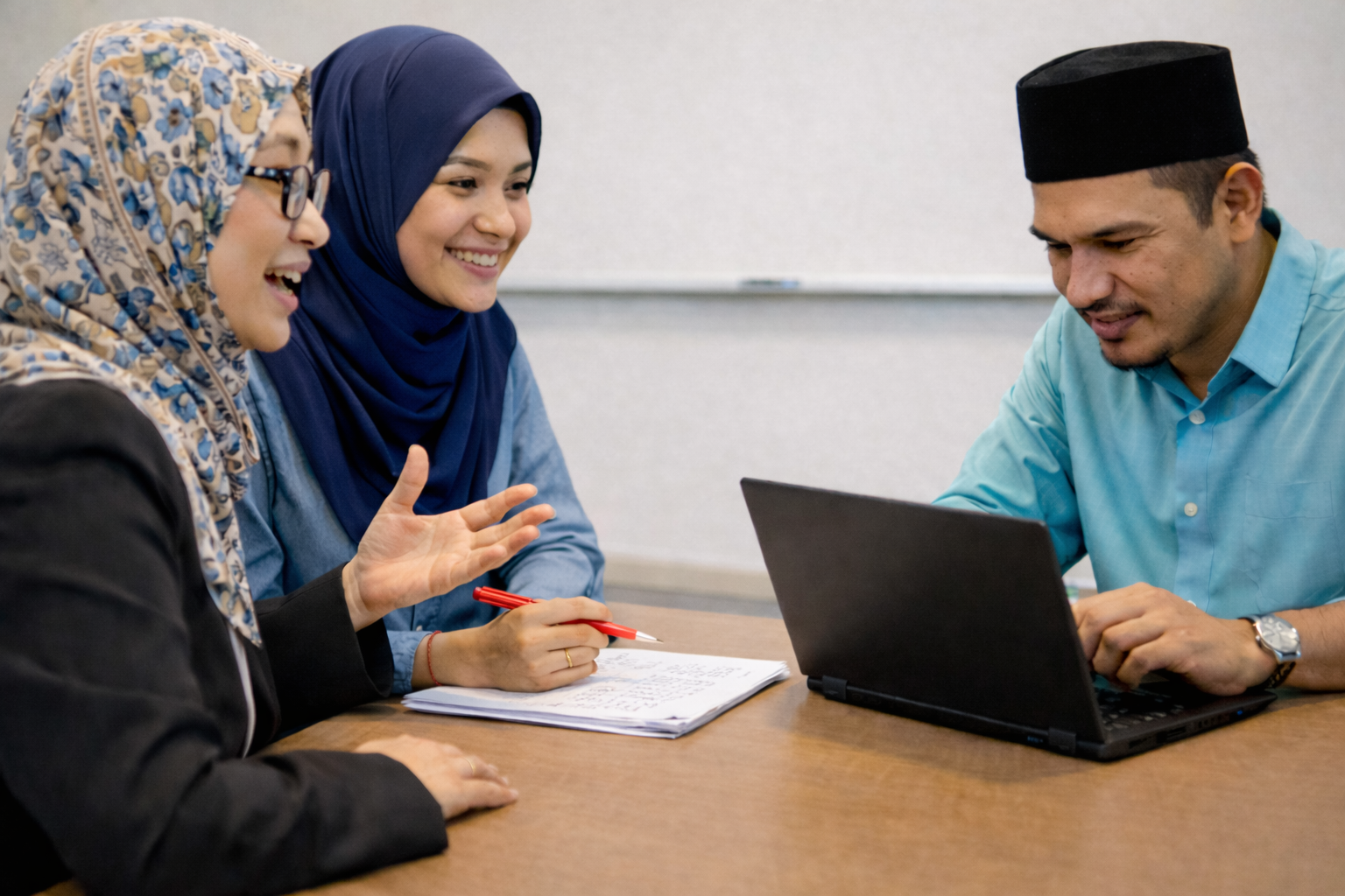 AI-generated image of three people discussing for SEAB and MUIS collaboration