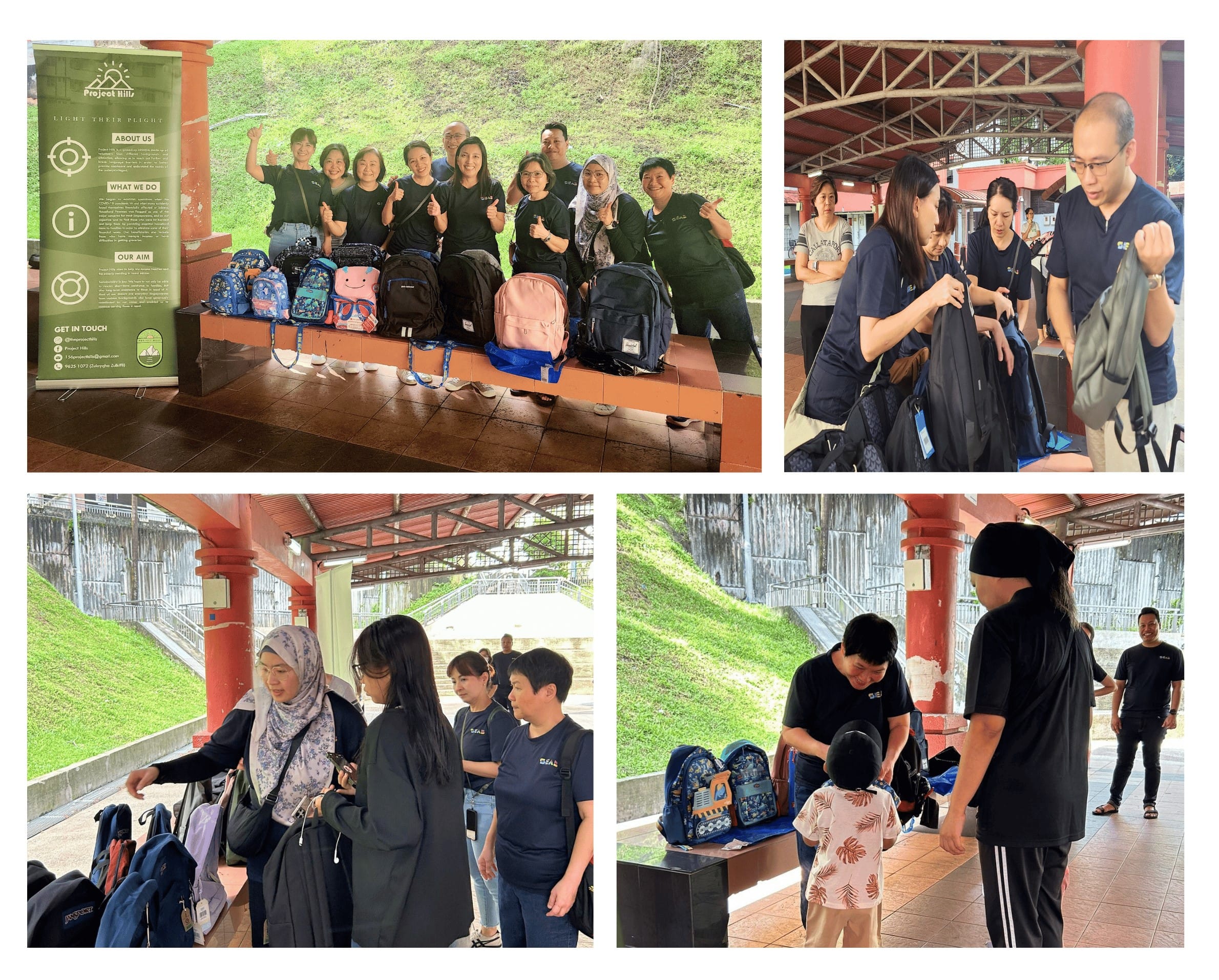 People in black shirts distribute backpacks under a covered area with green hills in the background.