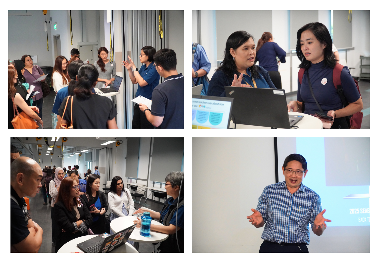 Participants engaging with innovative showcases on AI-powered assessment tools and SEAB's electronic examination journey.