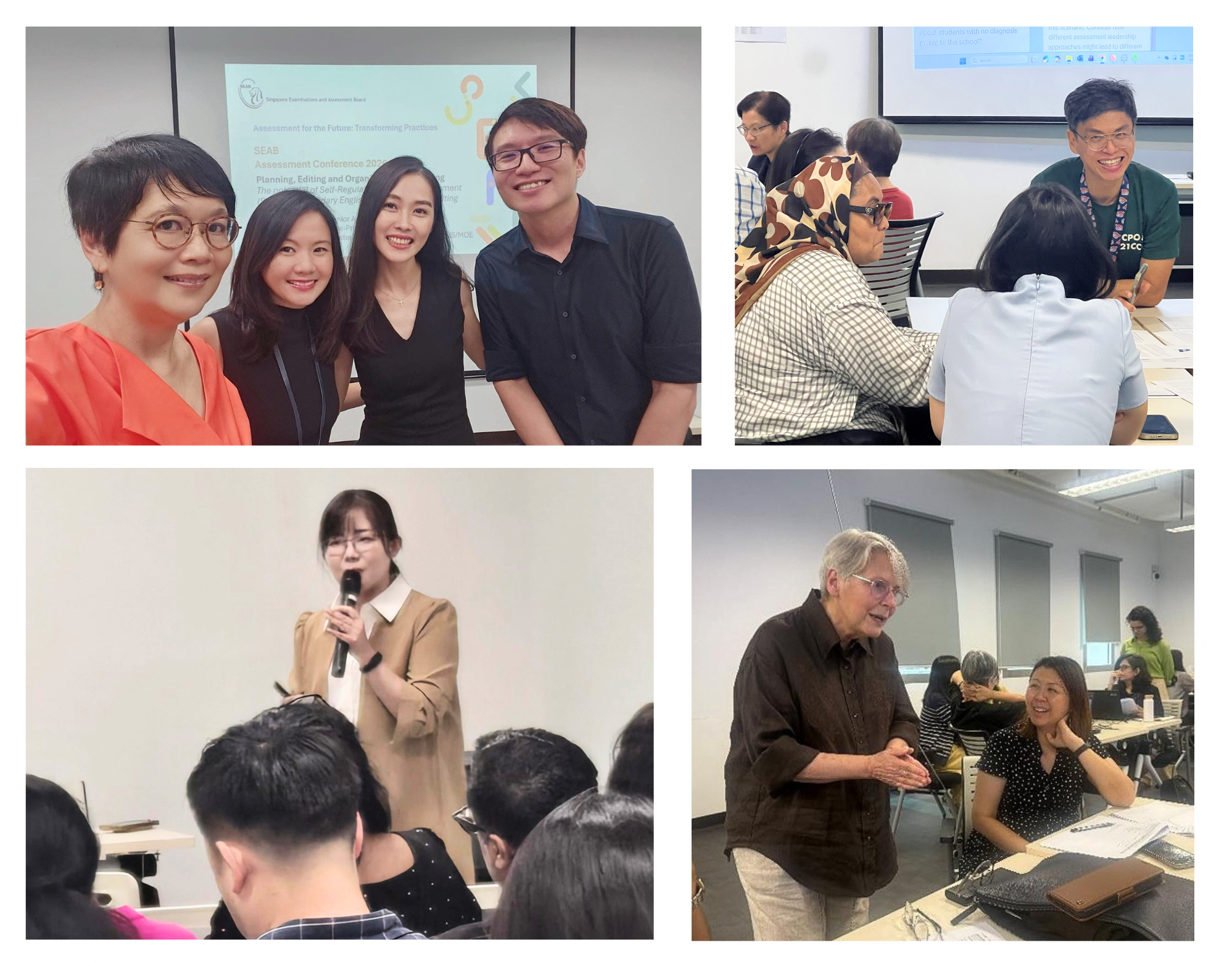 Collage of participants taking group photos or having discussions
