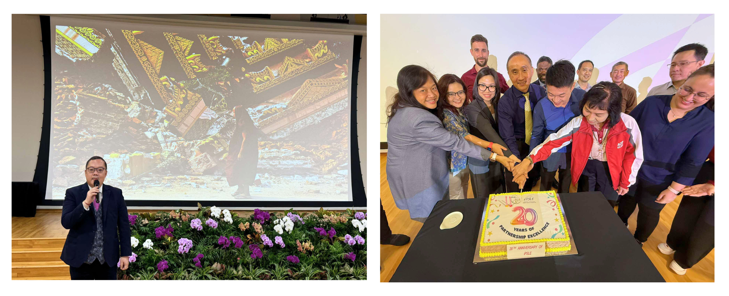 Left image shows a speaker with a microphone near a projection screen; right image is a group cutting a cake labeled "20 Years of Partnership Excellence."