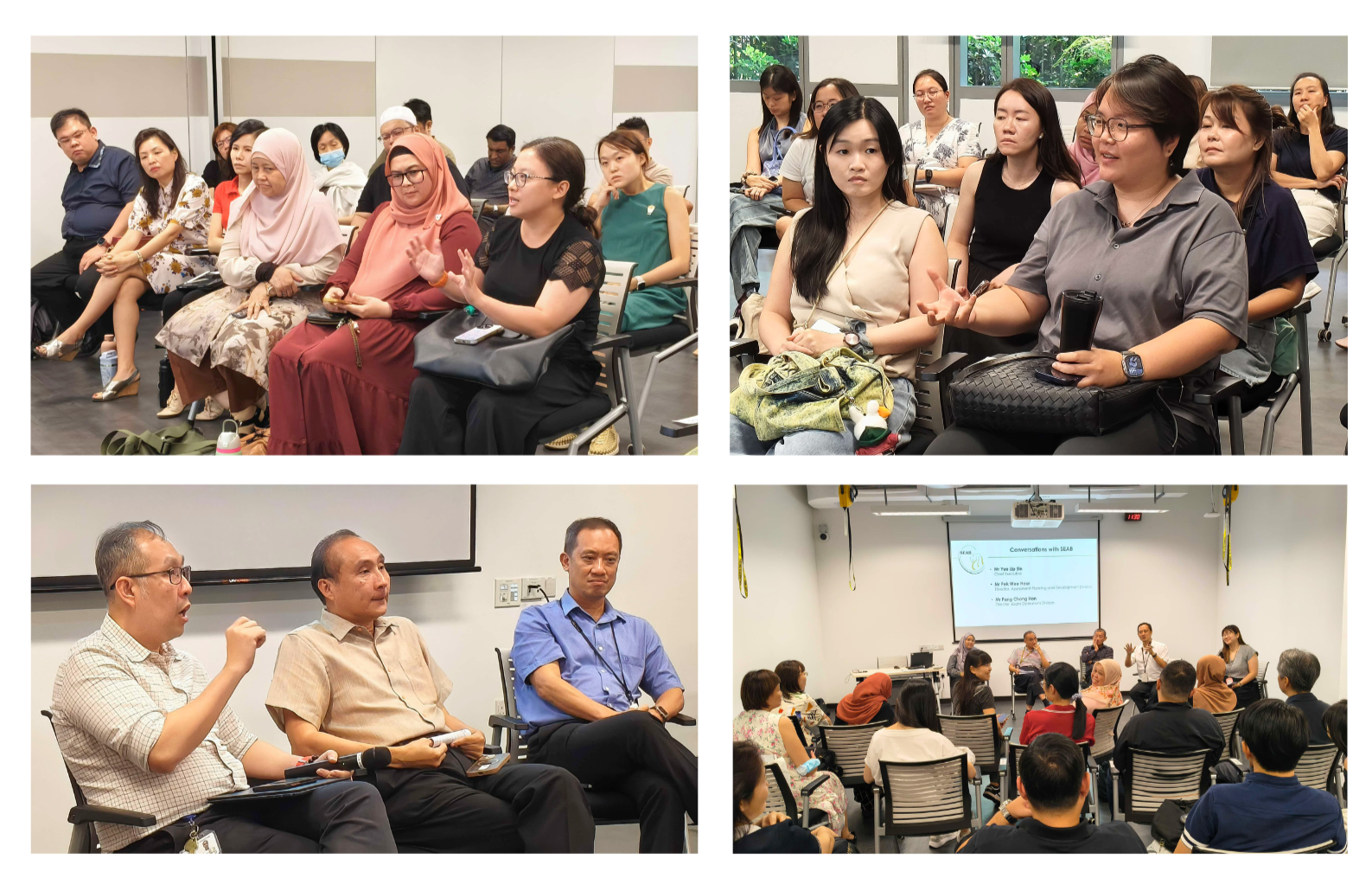 People are seated and engaged in discussions in a conference room; front view of a presentation.