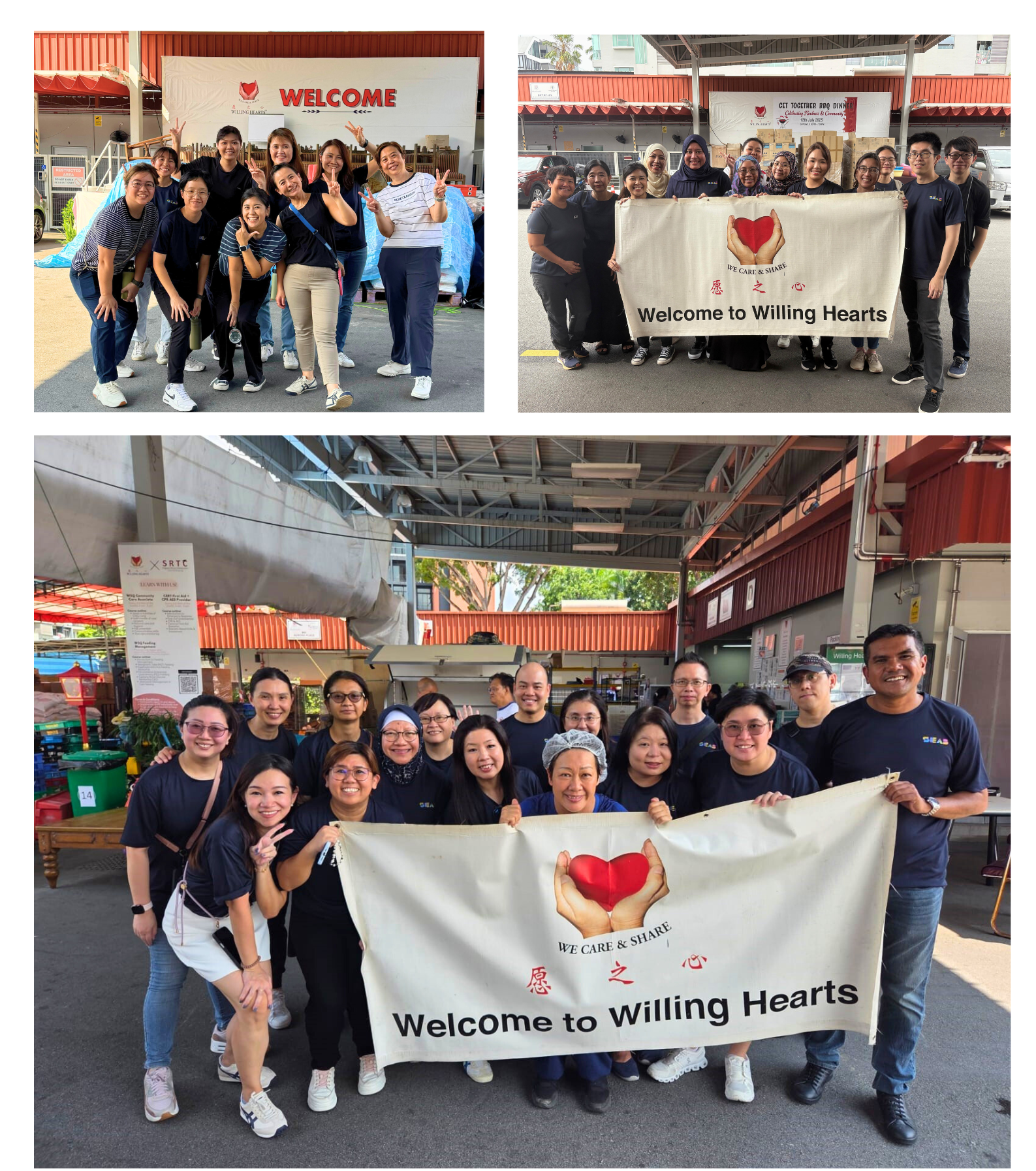 Groups of people wearing dark shirts hold a banner reading "Welcome to Willing Hearts" under a covered outdoor area.