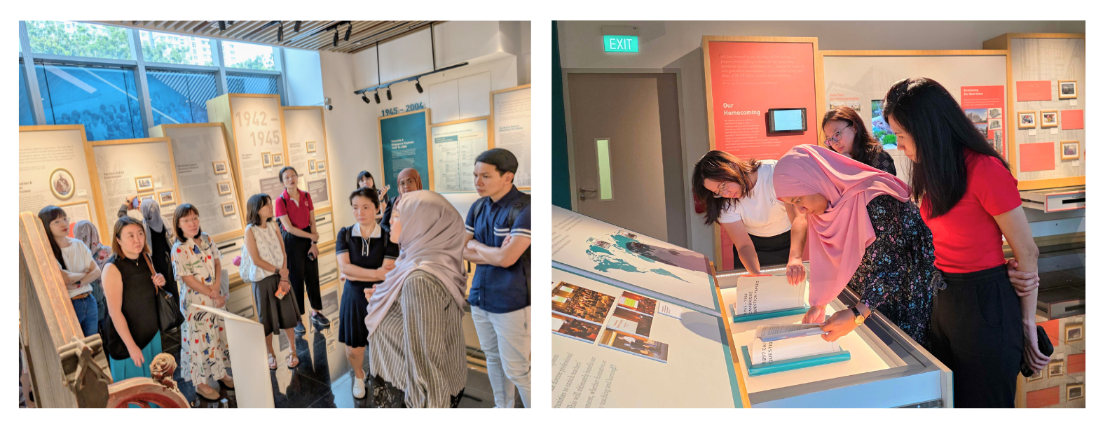 Groups of people are visiting a museum exhibition, reading displays and engaging with the exhibits.
