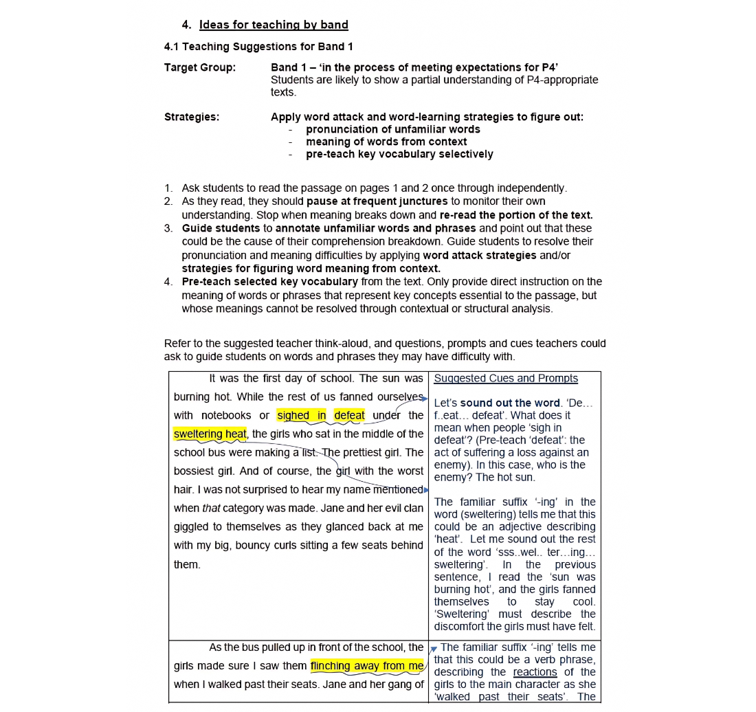 The image contains text of teaching strategies for Band 1, sample reading passages, and suggested teacher guidance and cues.
