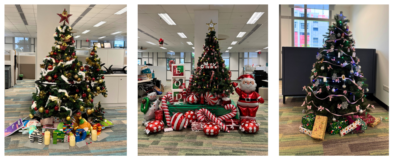 Creative Christmas tree decorations by Levels 7, 8, and 9 (from left to right).