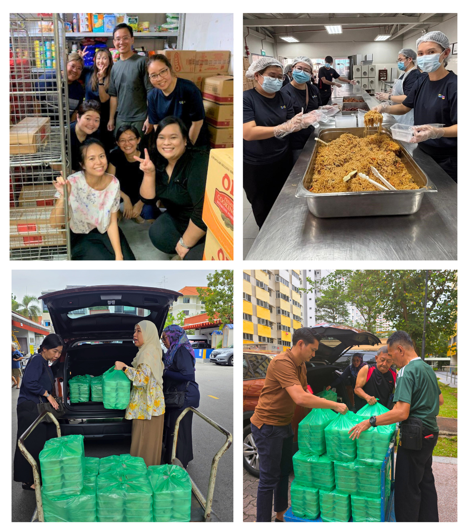 Four photos show volunteers packing food, holding green containers, and loading them into cars.