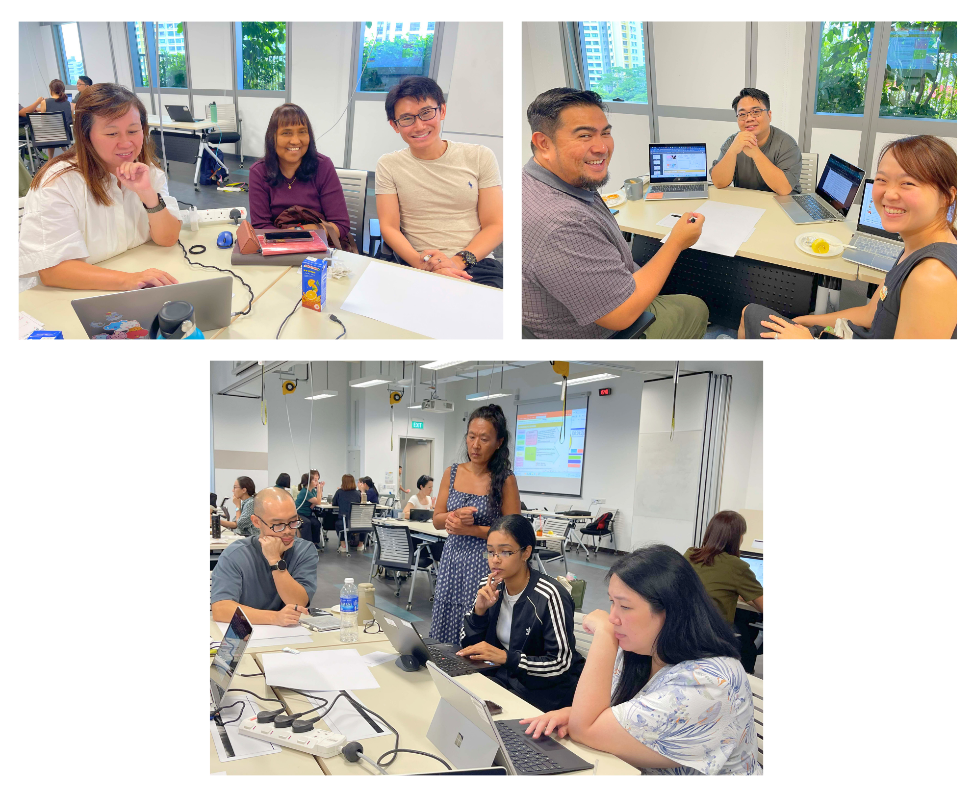 Groups of people are working together at tables with laptops and papers in a brightly lit room with windows.