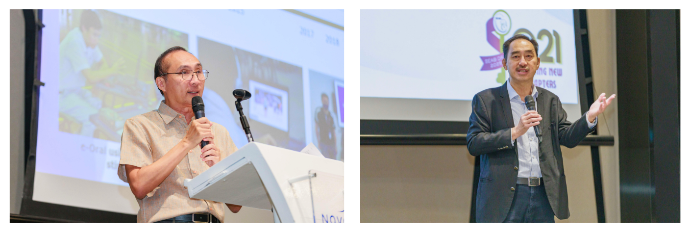 Left: CE Mr Yue Lip Sin delivered his uplifting opening address. Right: Chairman Mr Wong Siew Hoong, spoke on SEAB's achievements and the exciting chapters yet to come.