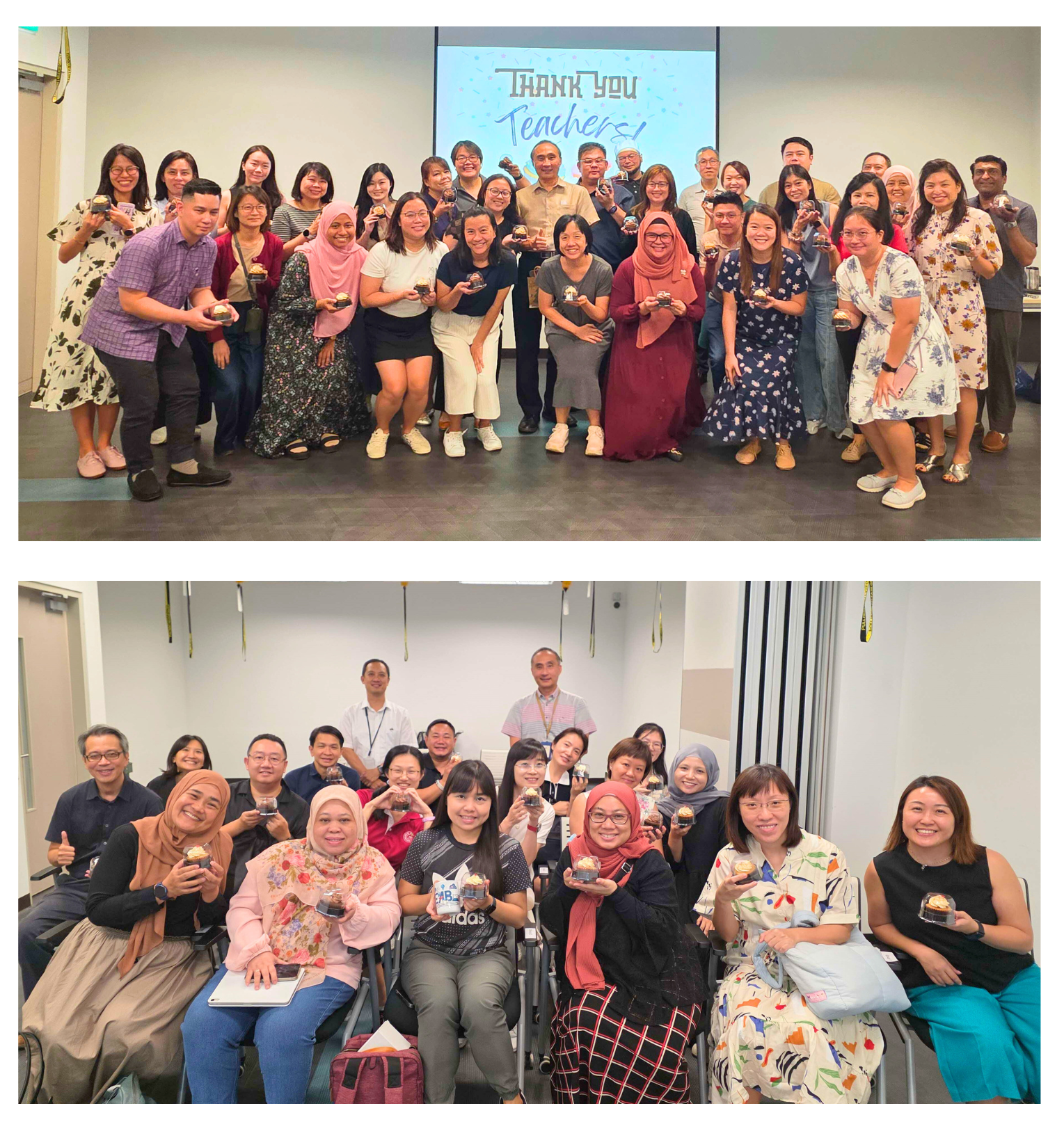 Two groups of people posing with cupcakes, one group in front of a "Thank You Teachers" sign and another group seated indoors.