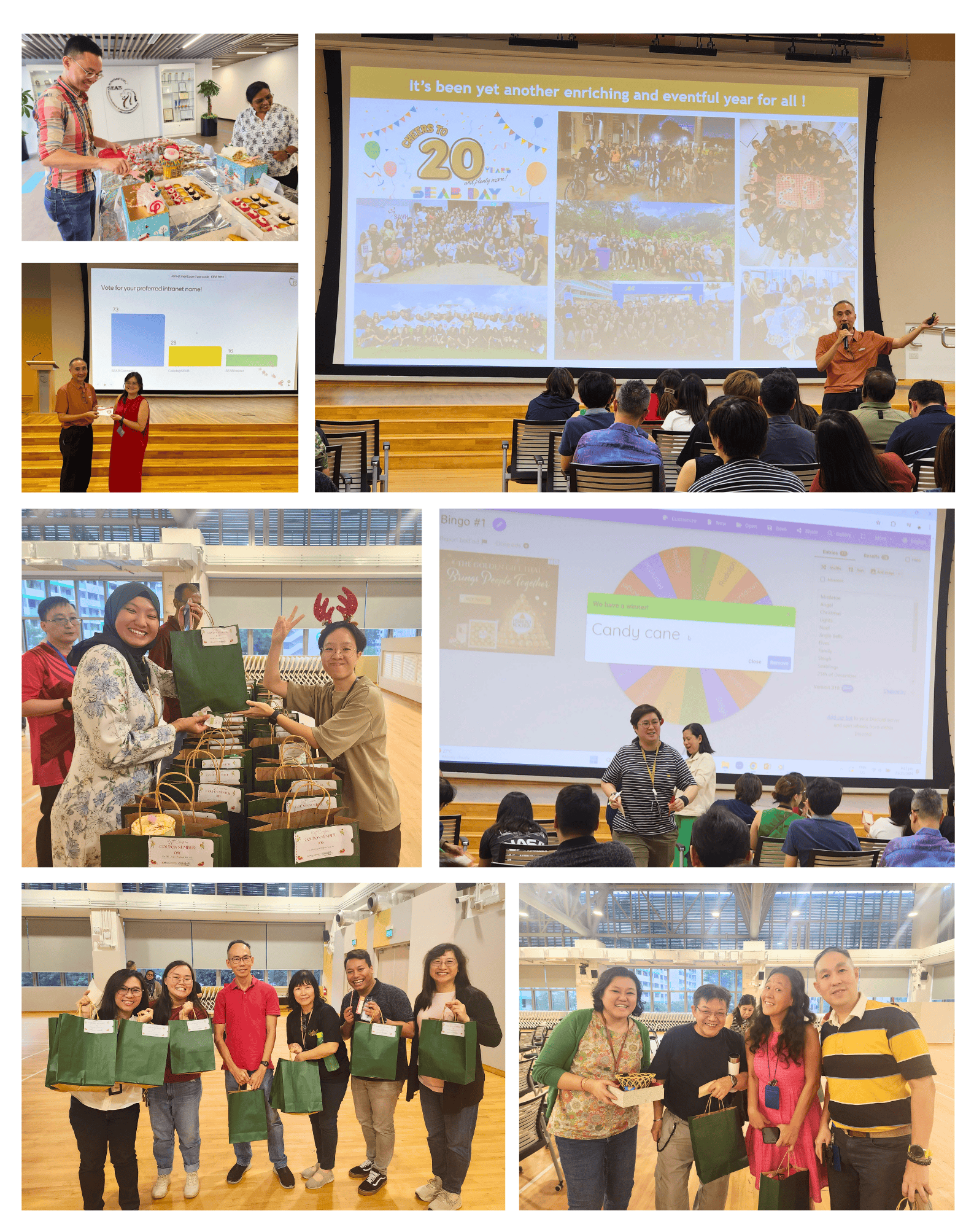 Various people are engaging in different activities including a presentation, games, and distributing green gift bags in an indoor setting.