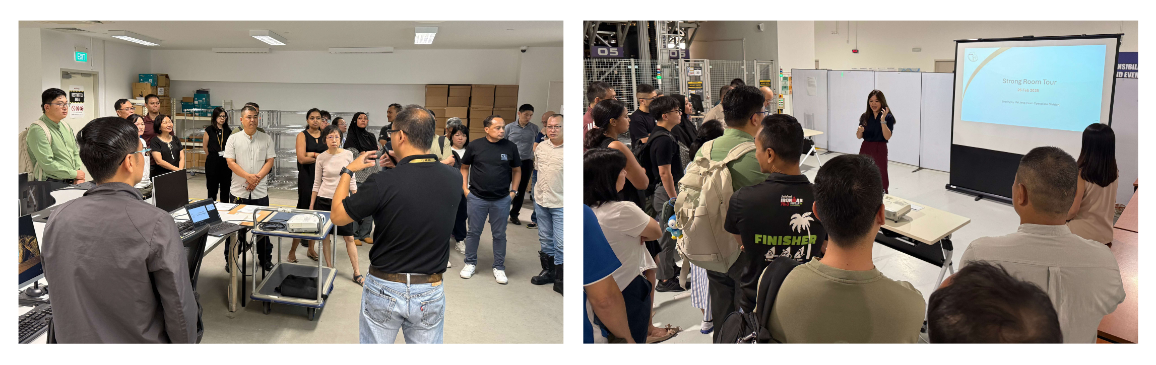 Two groups of people are listening to presentations about SEAB's exam operations facilities