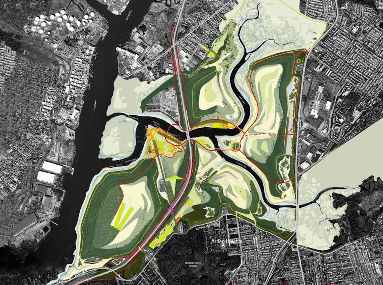 Illustrative site plan of Fresh Kills Park, Staten Island, NY. The largest park developed in New York City in over a century, Fresh Kills is transforming of what was once the world’s largest landfill into a sustainable, publicly-accessible park. © Fresh Kills Park Alliance