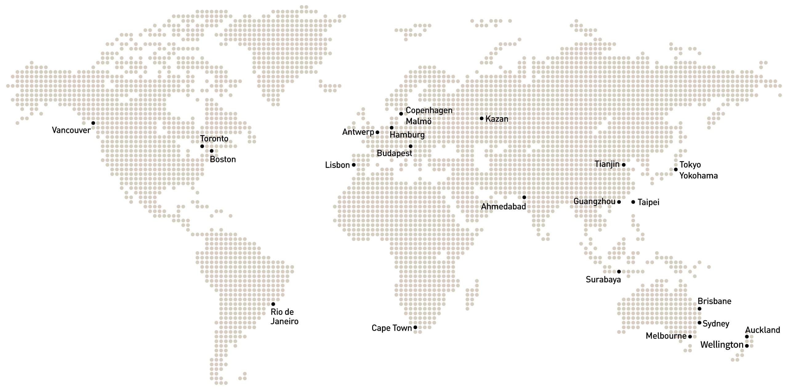 Dotted world map with labeled city locations including Vancouver, Toronto, Tokyo, Sydney, and Cape Town.