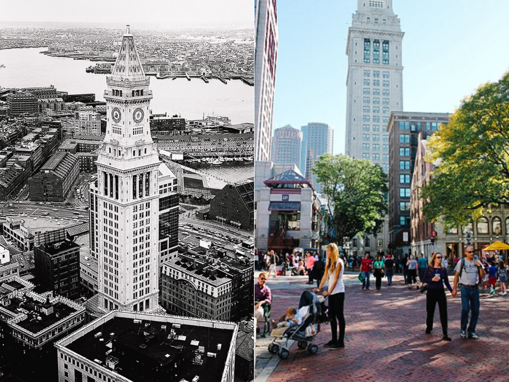 Black and white aerial sketch of a clock tower beside a color photo of people walking on a brick plaza below the same tower.