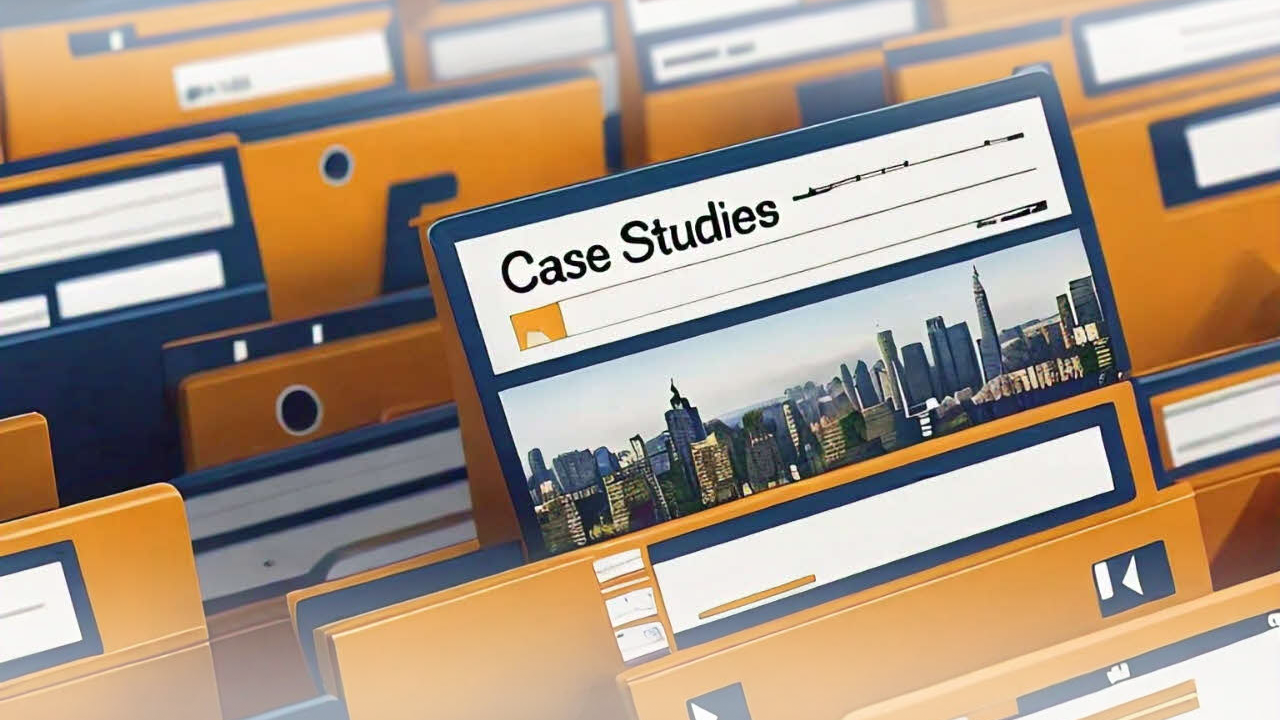 Orange and blue binders fill shelves, with one open showing a label reading Case Studies and a city skyline.