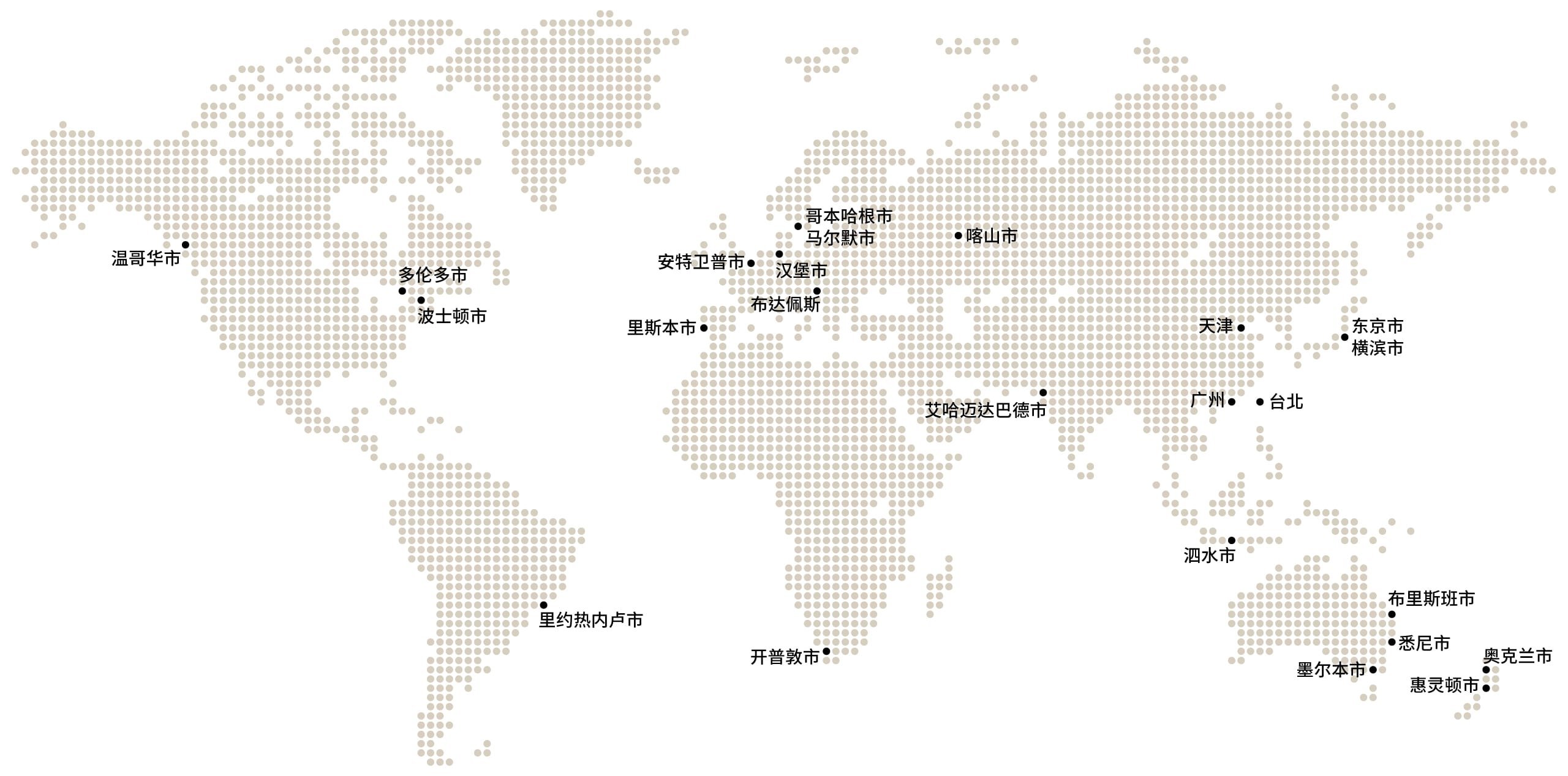 Dotted world map with Chinese city labels marking locations across continents including Asia, Europe, Americas, and Oceania.