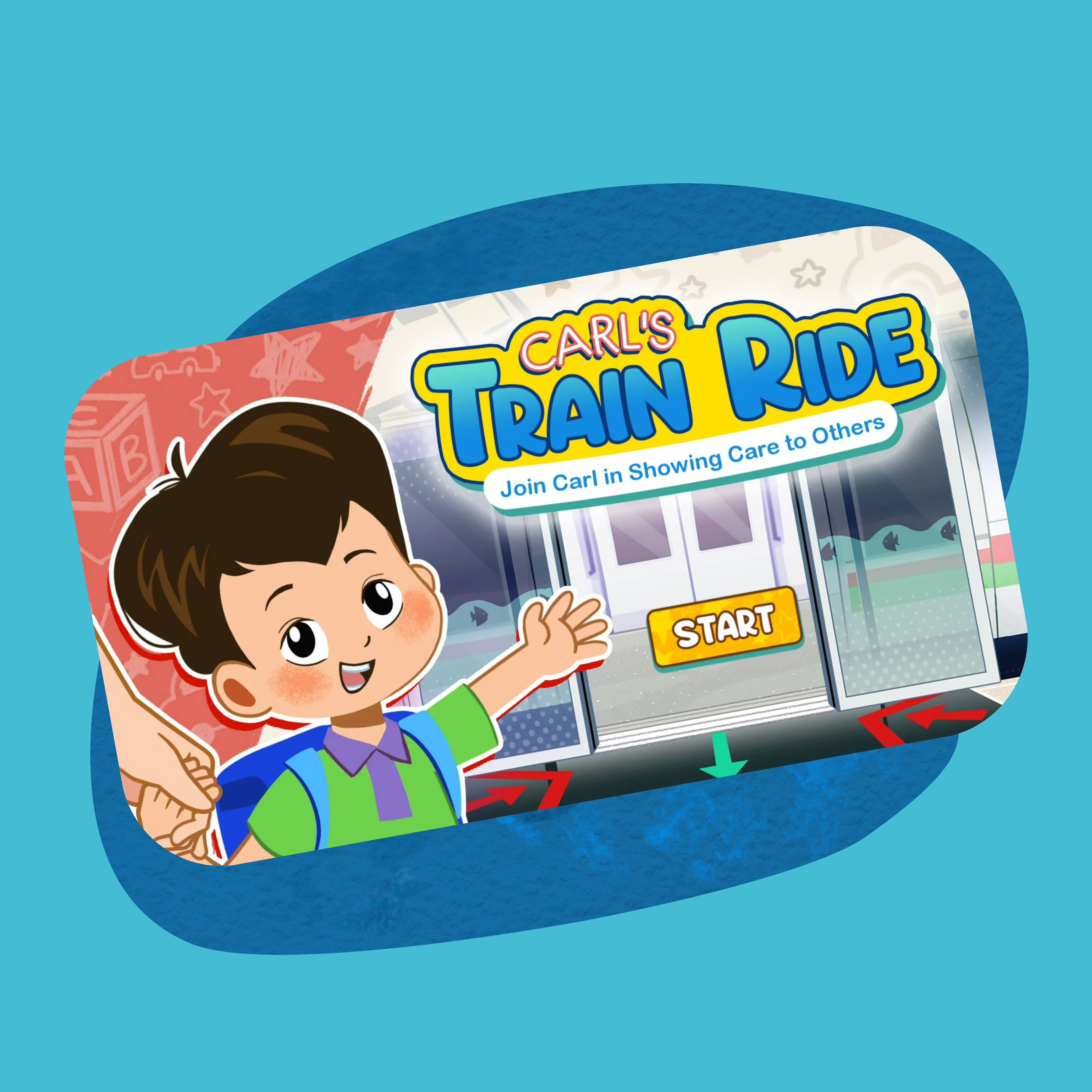 Illustration of a cheerful boy named Carl inviting players to join his train ride game promoting care for others.