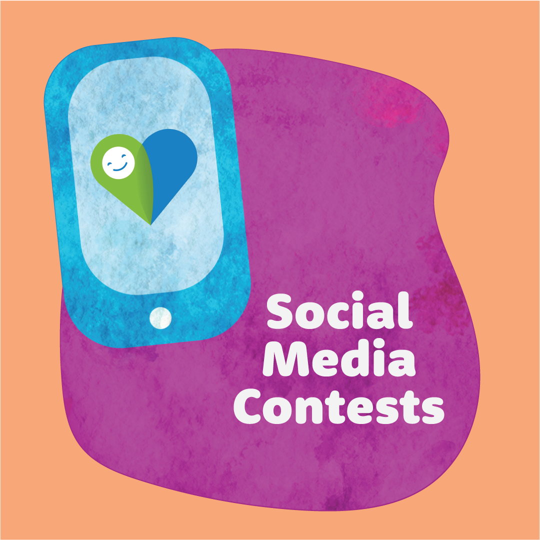 Graphic for “Social Media Contests” featuring a smartphone with the Caring SG Commuters heart logo.