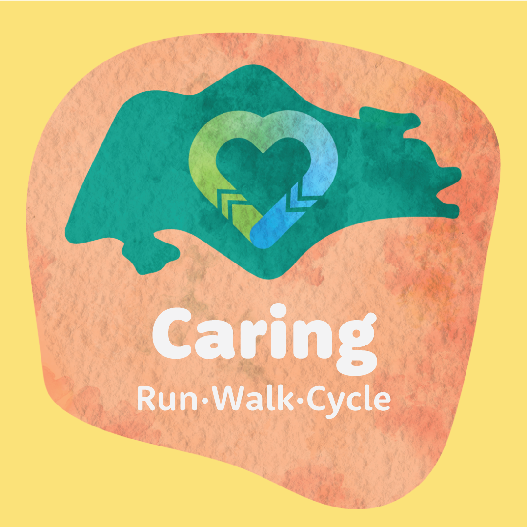 “Caring Run · Walk · Cycle” poster with a heart-shaped map of Singapore symbolizing movement and unity.
