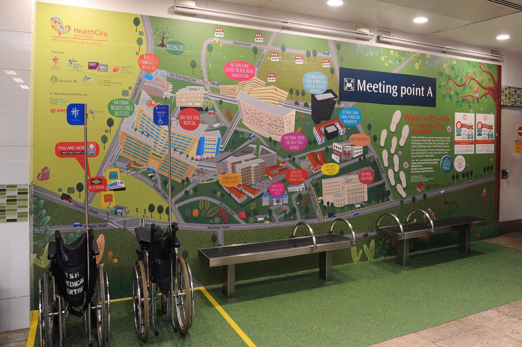 Heart Zone at Novena MRT with illustrated map of HealthCity Novena showing hospitals and wheelchair-friendly meeting area.