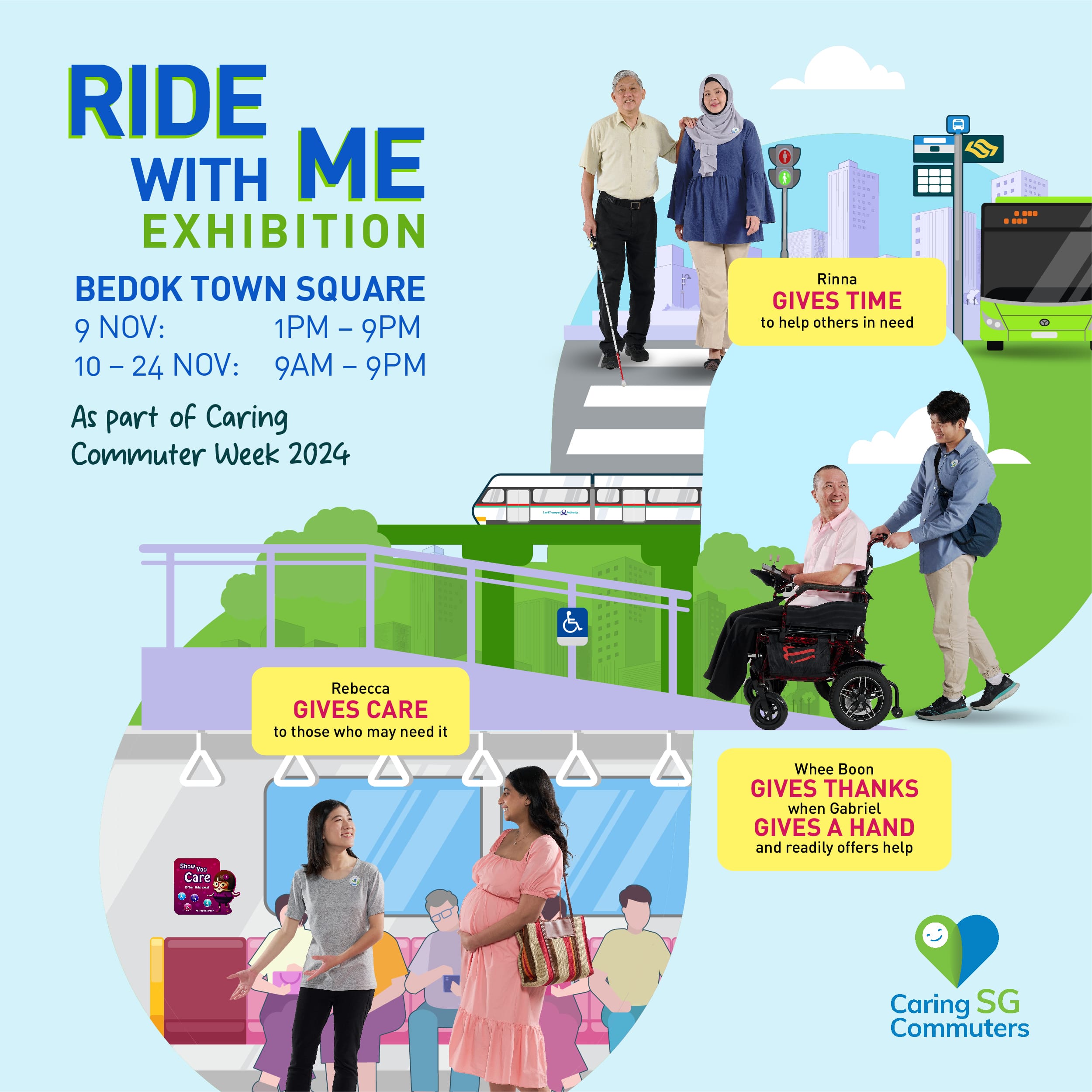 “Ride With Me” exhibition poster showing commuters helping one another, part of Caring Commuter Week 2024 at Bedok Town Square.