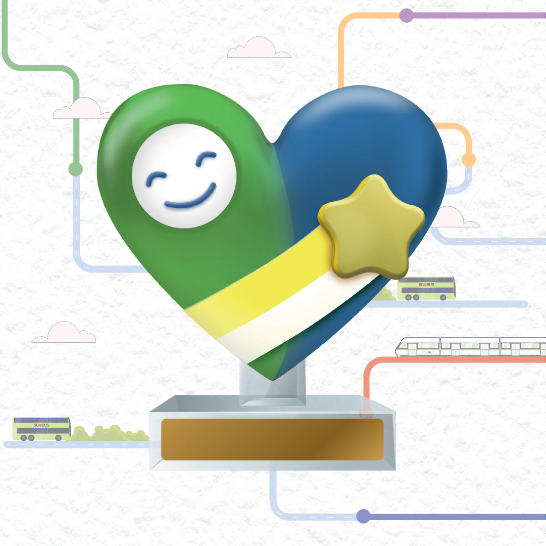 A heart-shaped trophy in green and blue with a smiling icon and a gold star, displayed against illustrated transport lines.