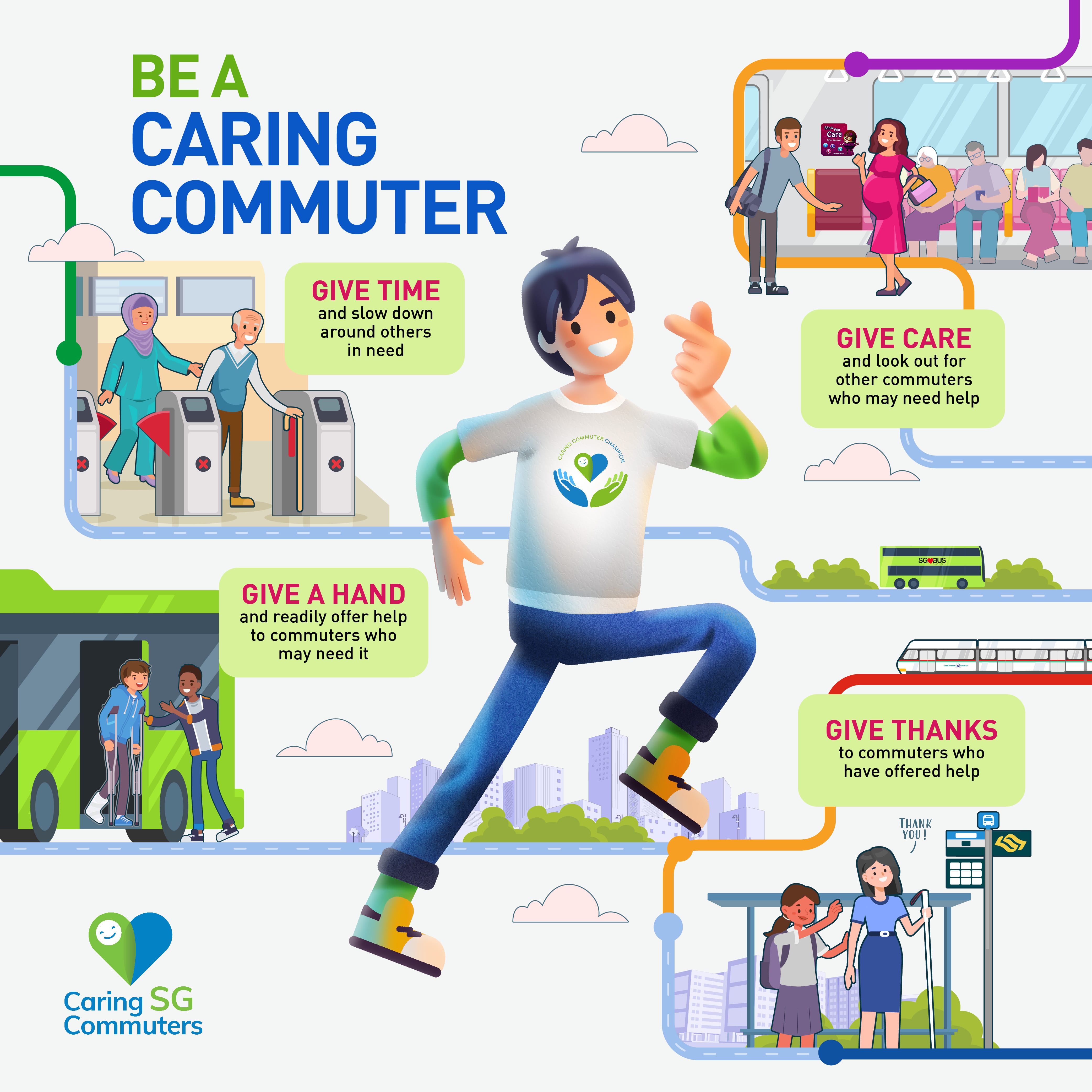Poster encouraging commuters to “Be a Caring Commuter” with tips to give time, care, thanks, and a hand.