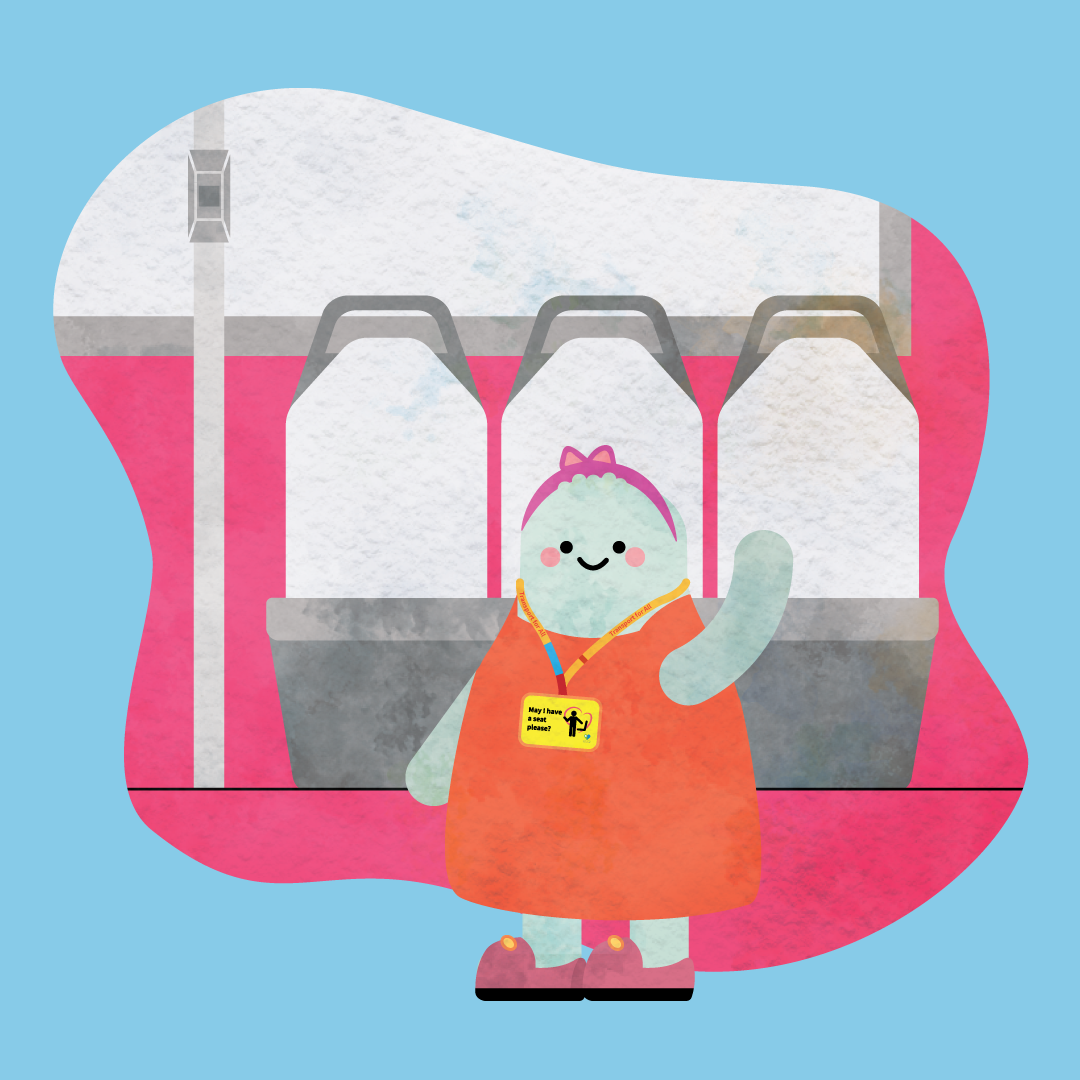 Blue character in an orange dress wearing a “May I have a seat please?” lanyard, standing in a train carriage.