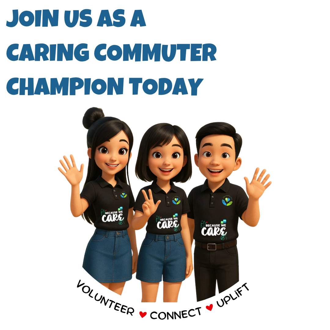 Three animated Caring Commuter mascots waving, with the text ‘Join us as a Caring Commuter Champion Today’ and ‘Volunteer, Connect, Uplift’.