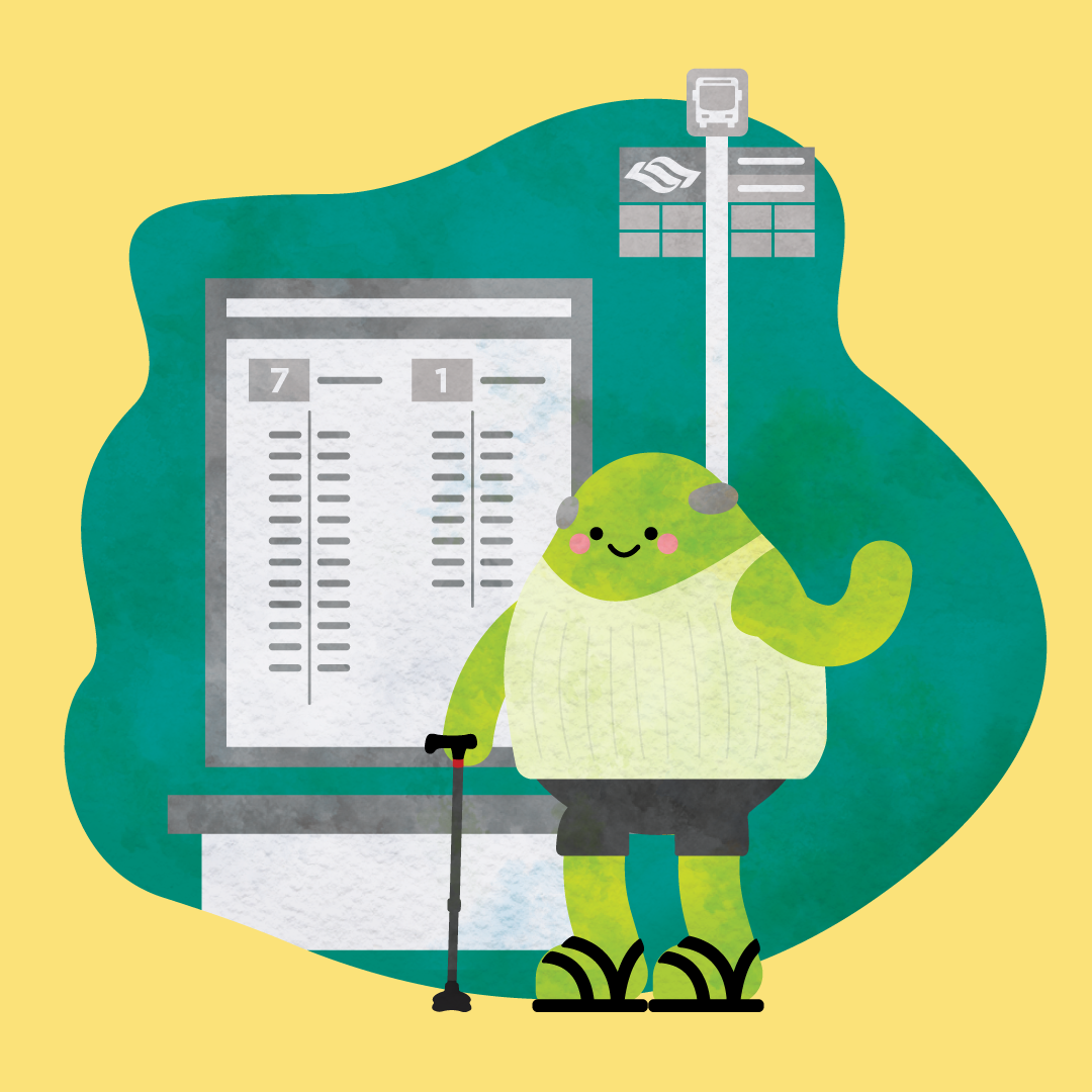 Friendly green character with a cane standing at a bus stop, smiling beside bus service numbers.