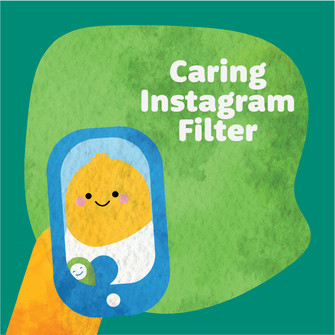 Illustration for “Caring Instagram Filter” showing a smiling face inside a phone outline on a green background.