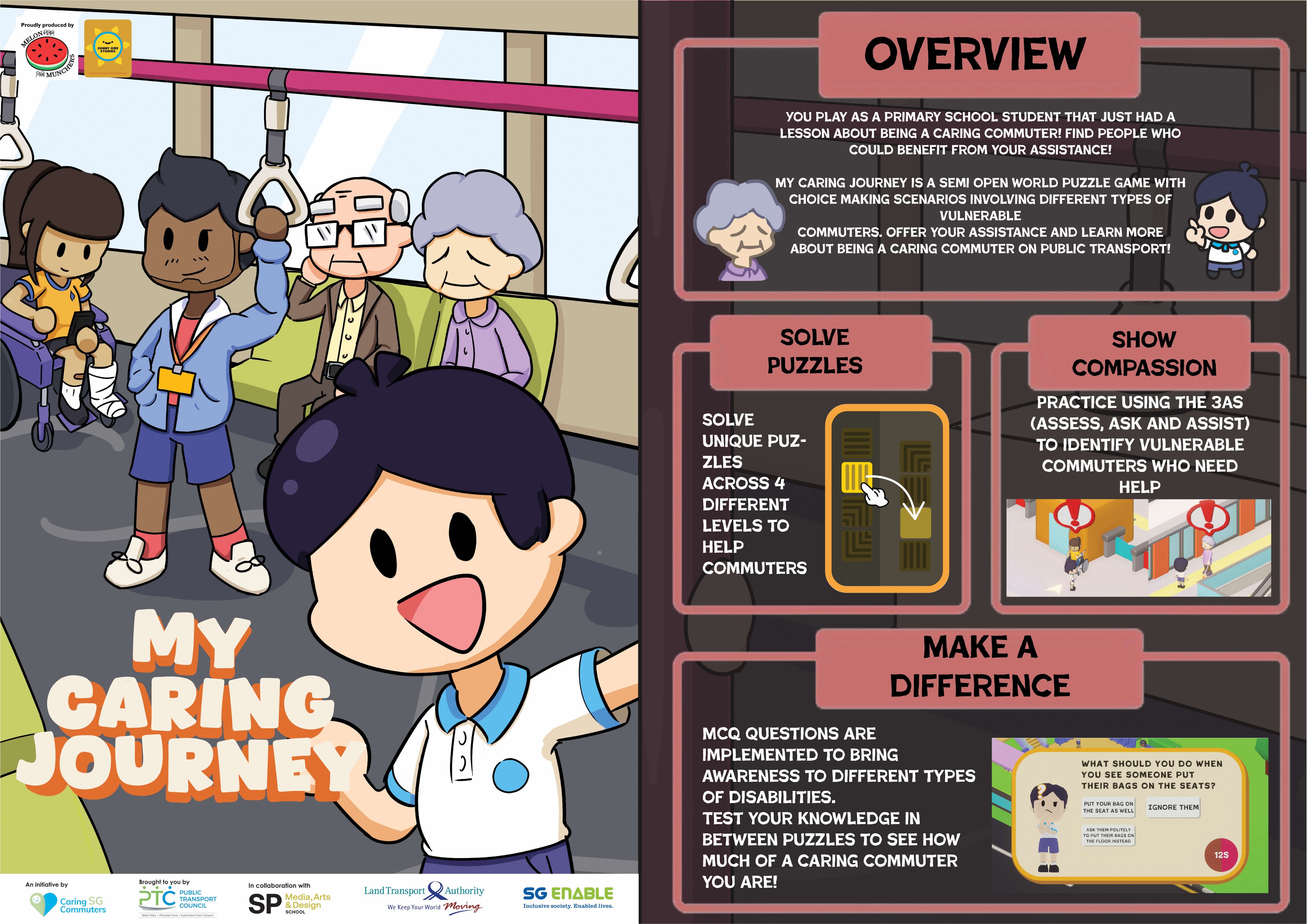 My Caring Journey” educational game poster teaching students empathy through puzzles and choice-making.