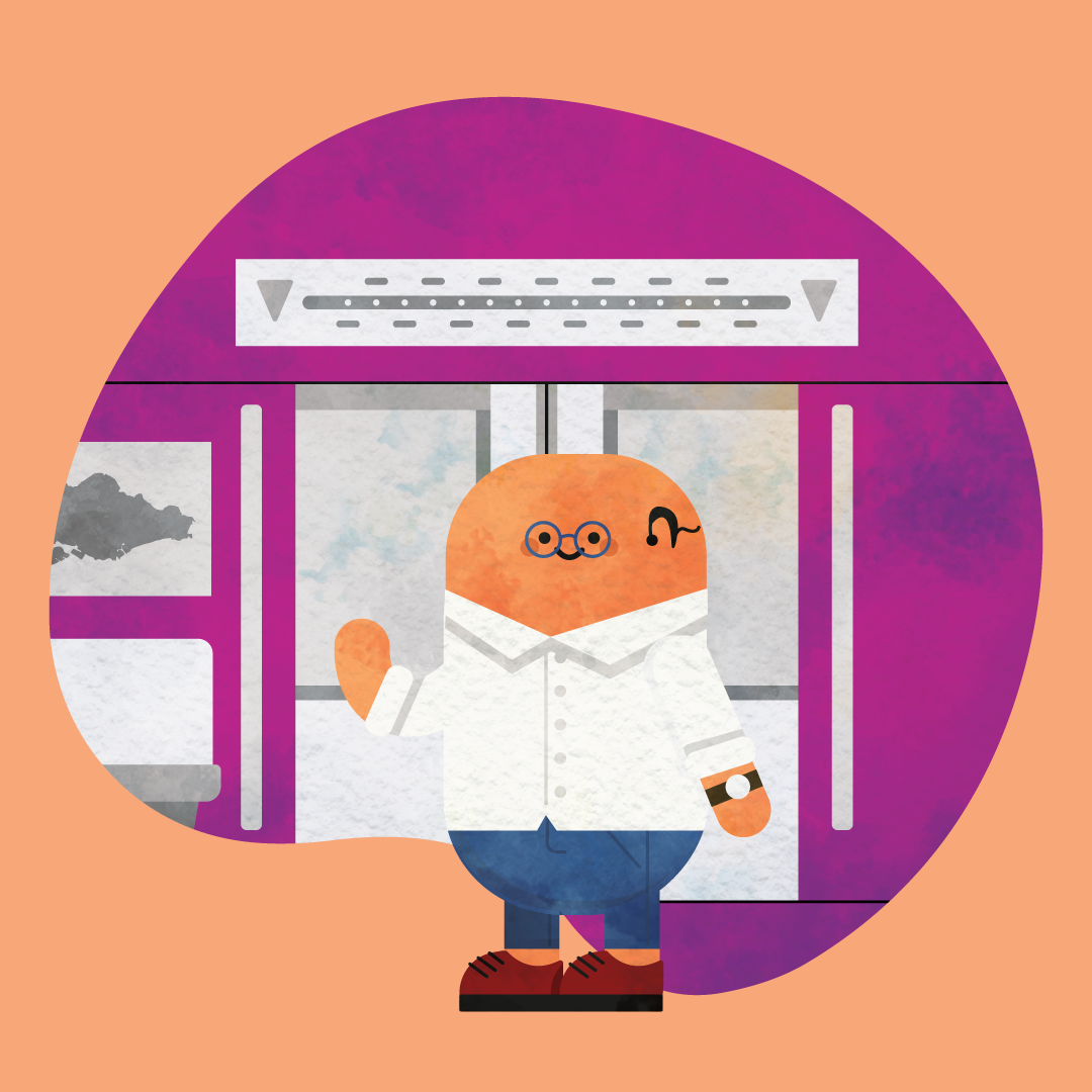 Orange character with glasses and a white shirt standing in front of a purple MRT train door.