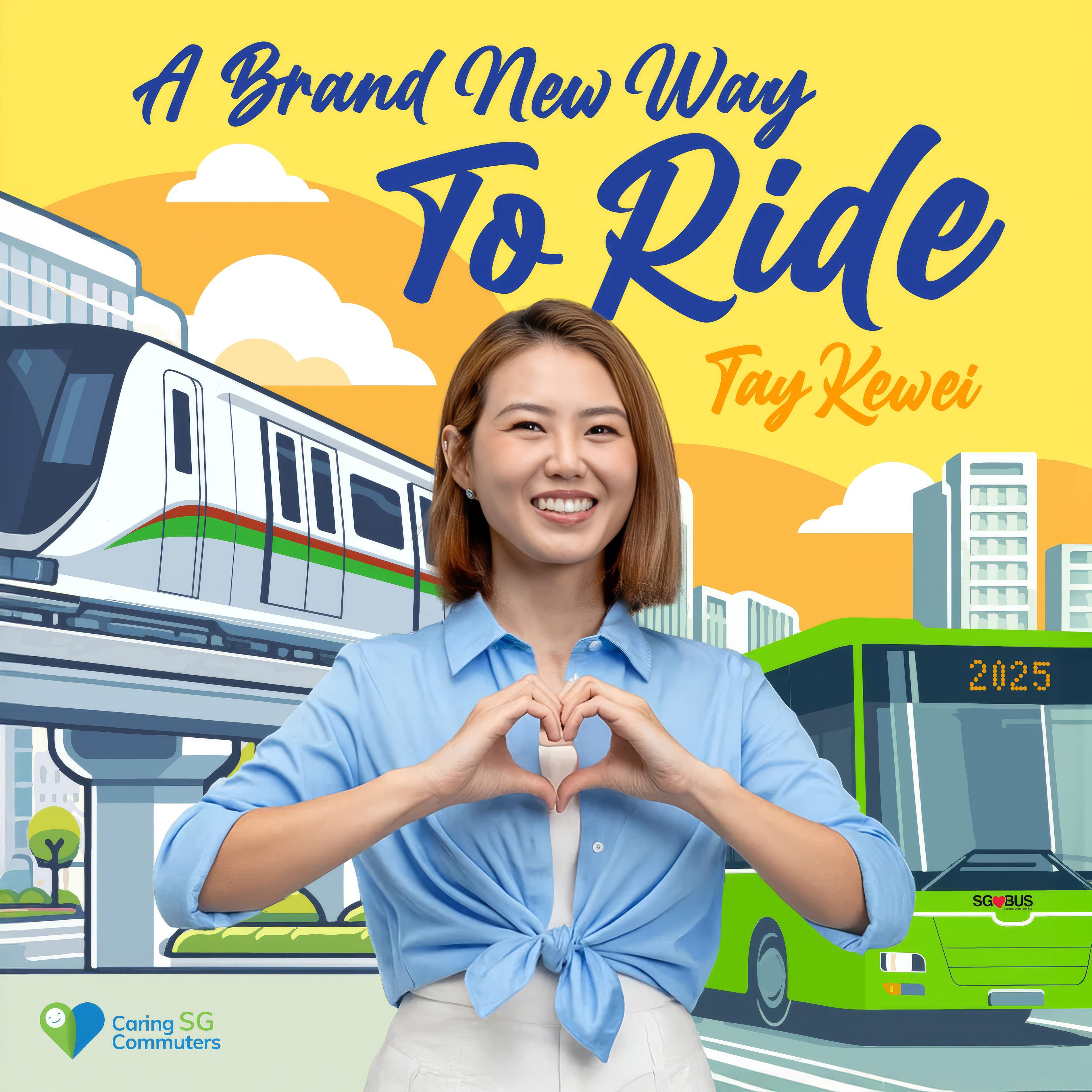 A person forming a heart gesture with their hands, standing before illustrated MRT and bus graphics with the slogan ‘A Brand New Way to Ride’.