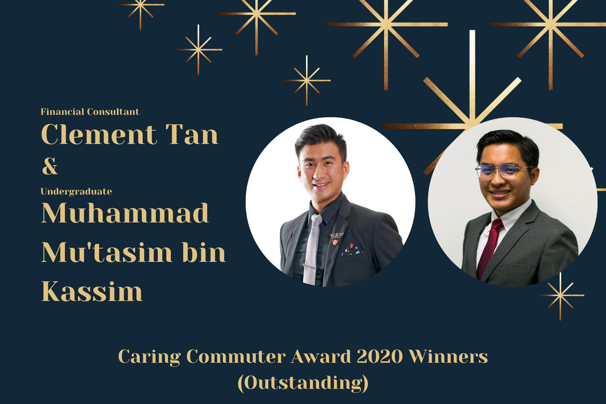 Portraits of Clement Tan and Muhammad Mu’tasim bin Kassim, Outstanding Caring Commuter Award 2020 winners.