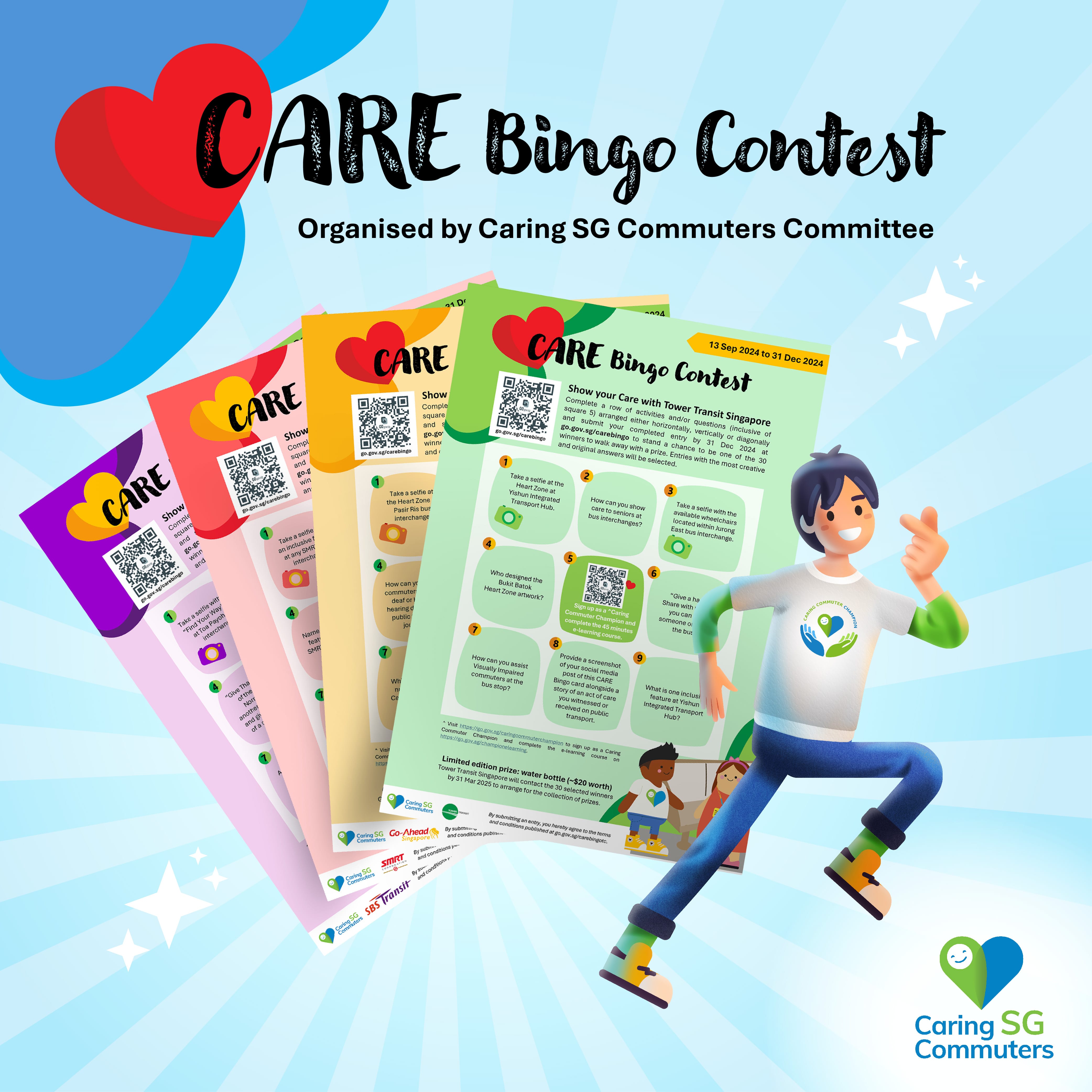 Colourful poster promoting the CARE Bingo Contest organised by the Caring SG Commuters Committee.