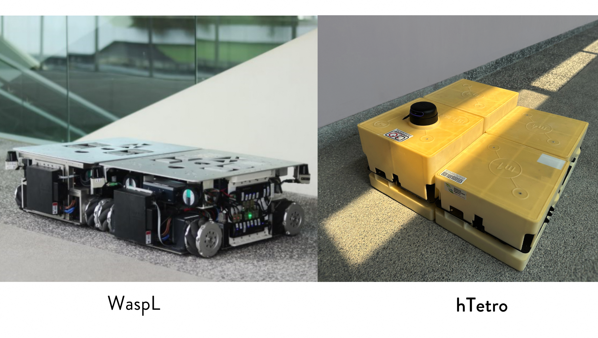 Two robots: a silver WaspL with omnidirectional wheels and a yellow hTetro formed by joined blocks.