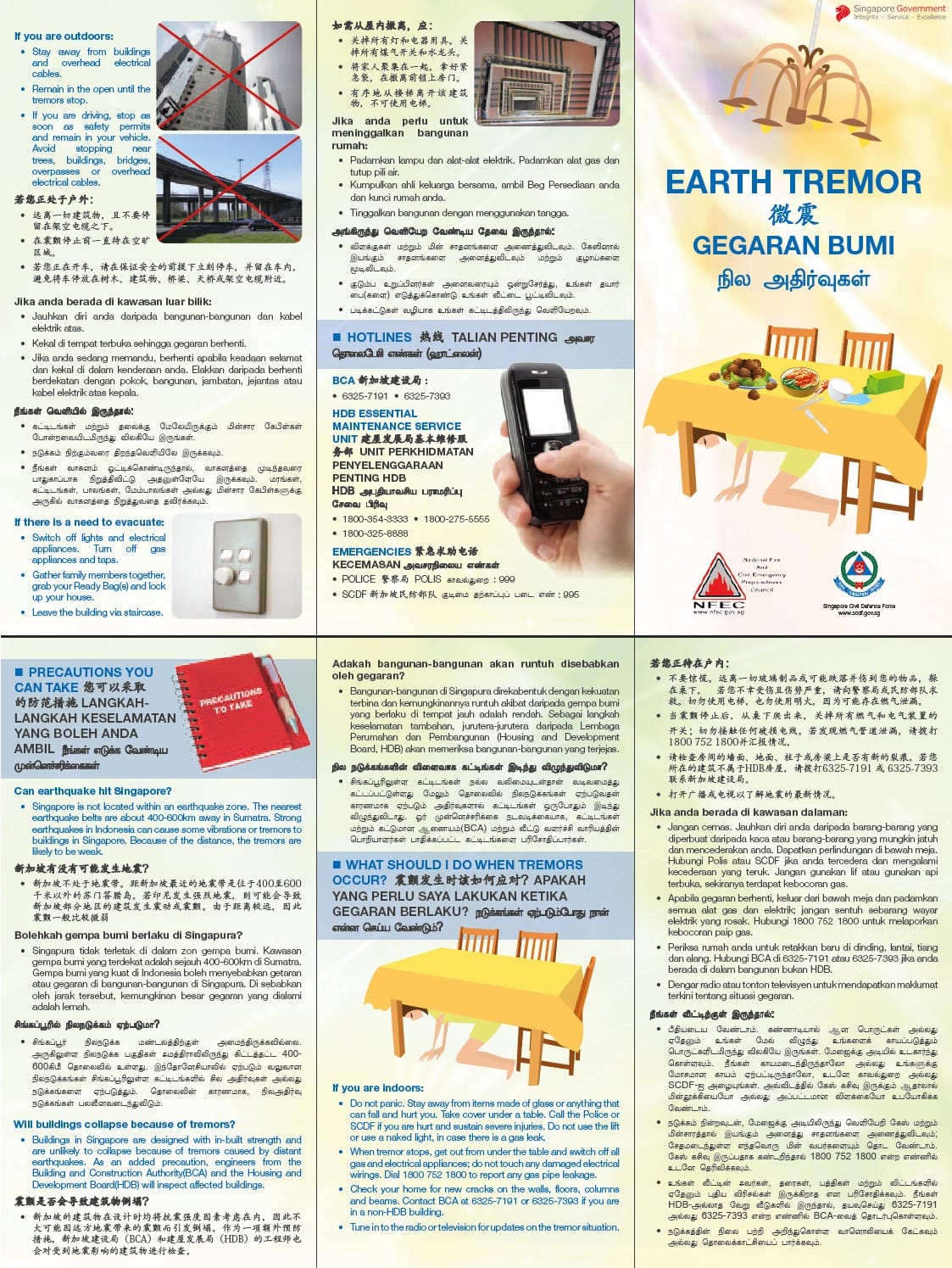 Multilingual SCDF leaflet titled Earth Tremor showing safety precautions, emergency hotlines, and guidance for what to do during tremors, with illustrations of people taking cover under a table.
