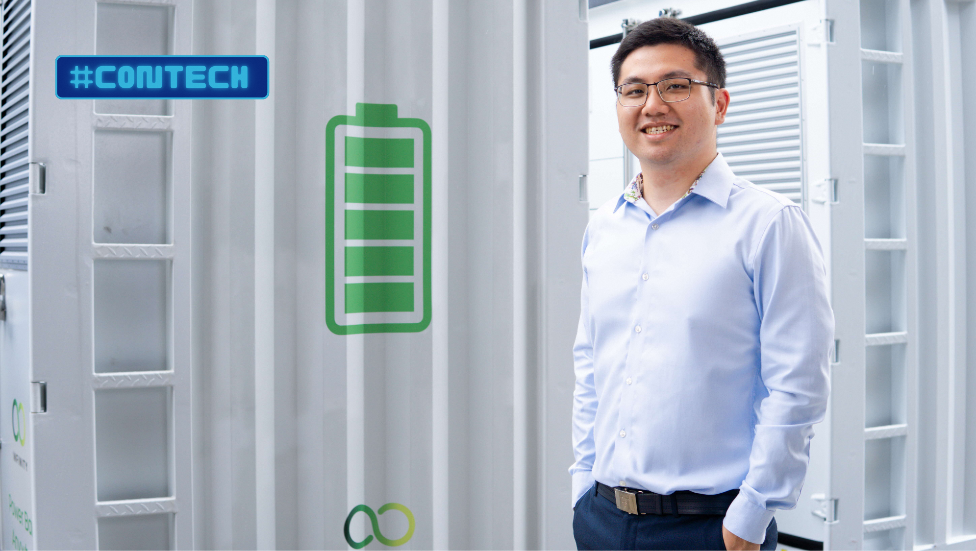 Man in front of white container with a green battery icon and "#CONTECH" sign.