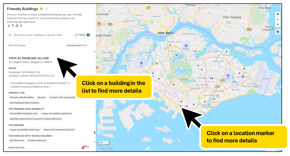 Screenshot of Maps interface showing filtered list of buildings with the selected user-friendly features