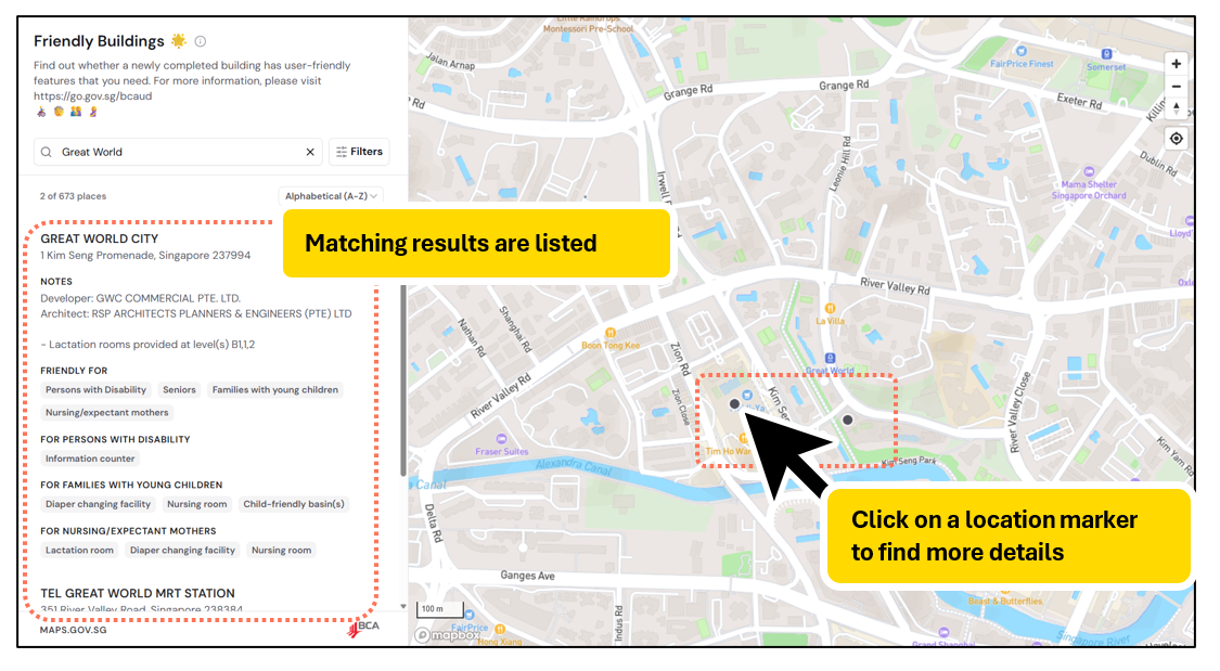 Screenshot of Maps interface with search result