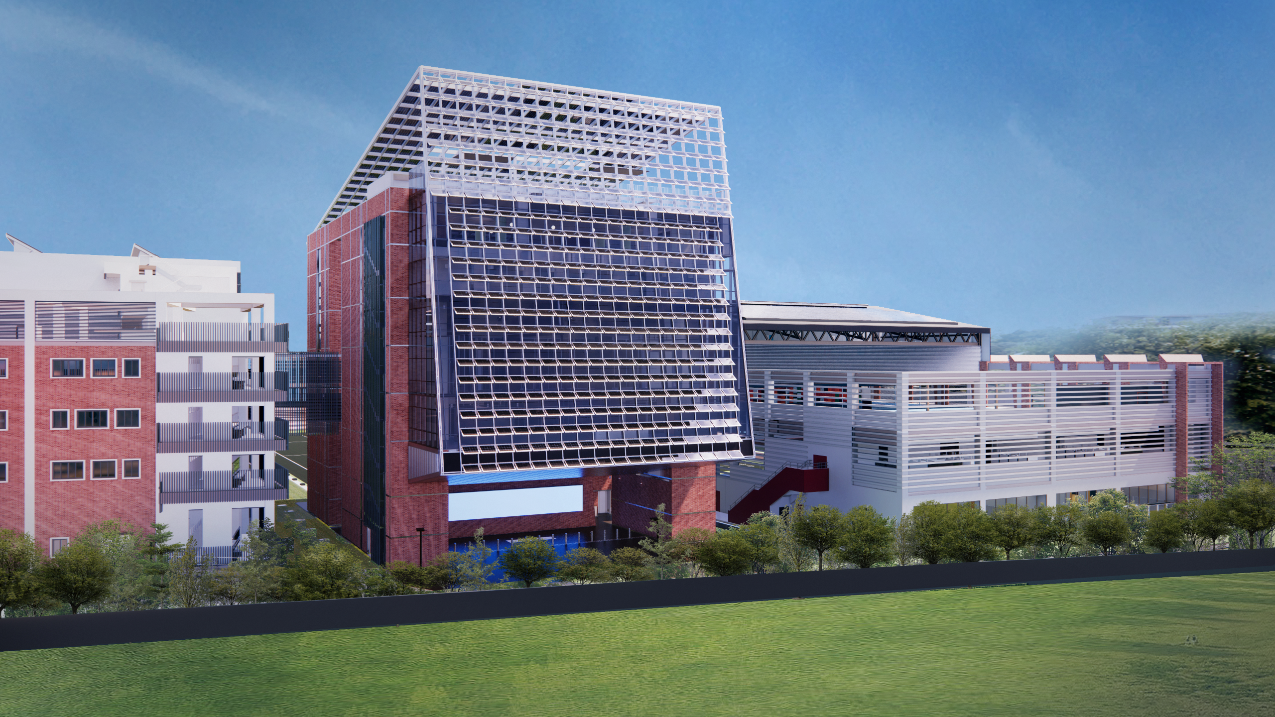 Exterior view of modern brick buildings, one topped with a solar panel grid.