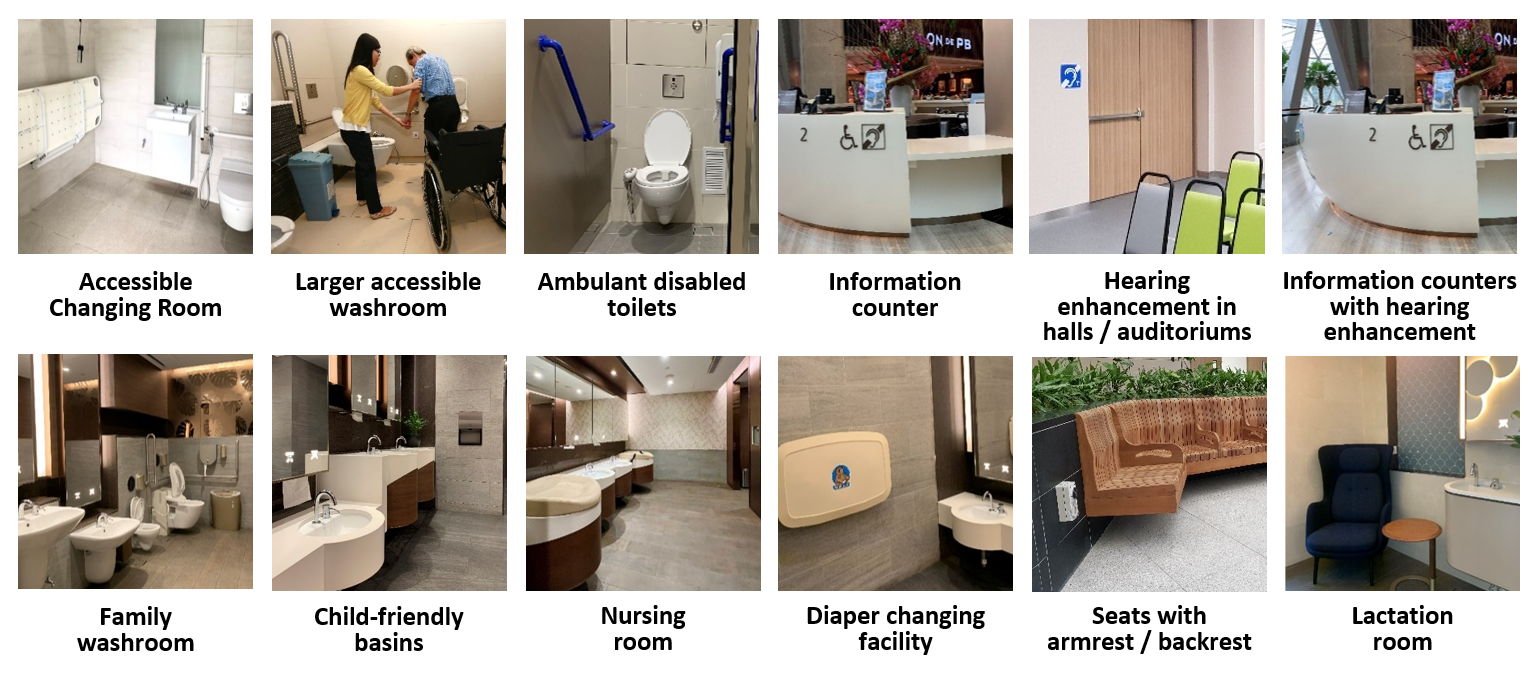 Photos of user-friendly facilities that can be explored on maps.gov.sg/friendlybuildings