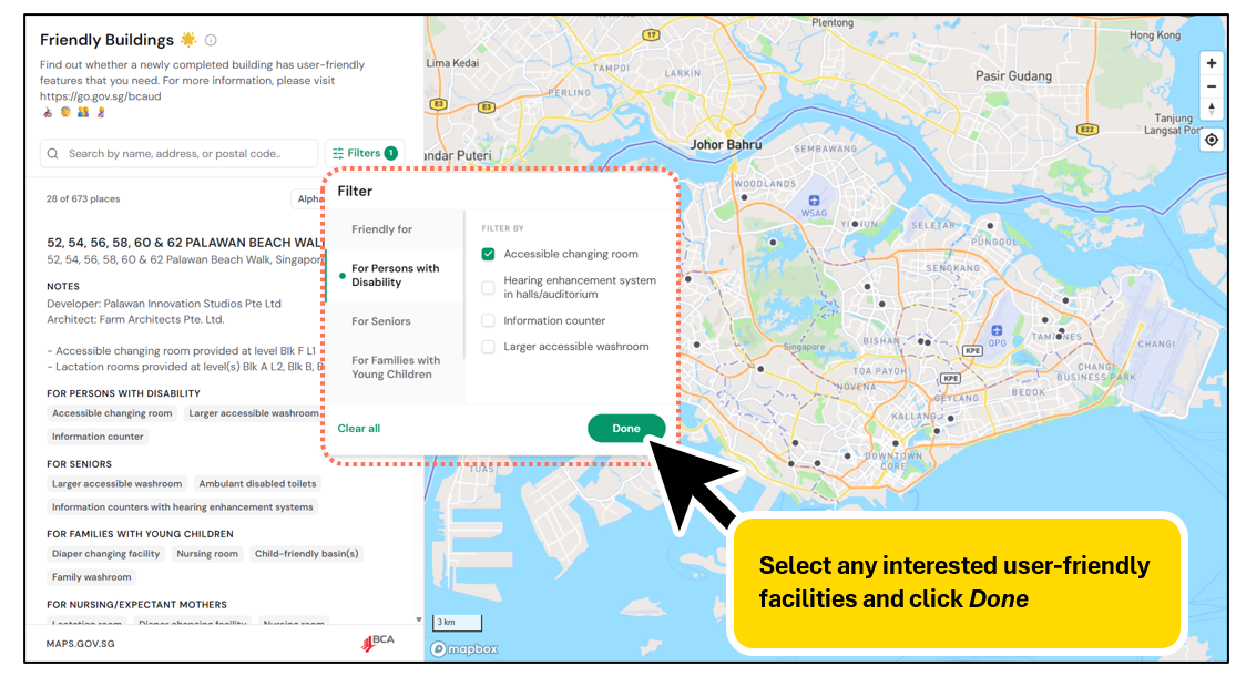 Screenshot of Maps interface selecting interested user-friendly features under Filters